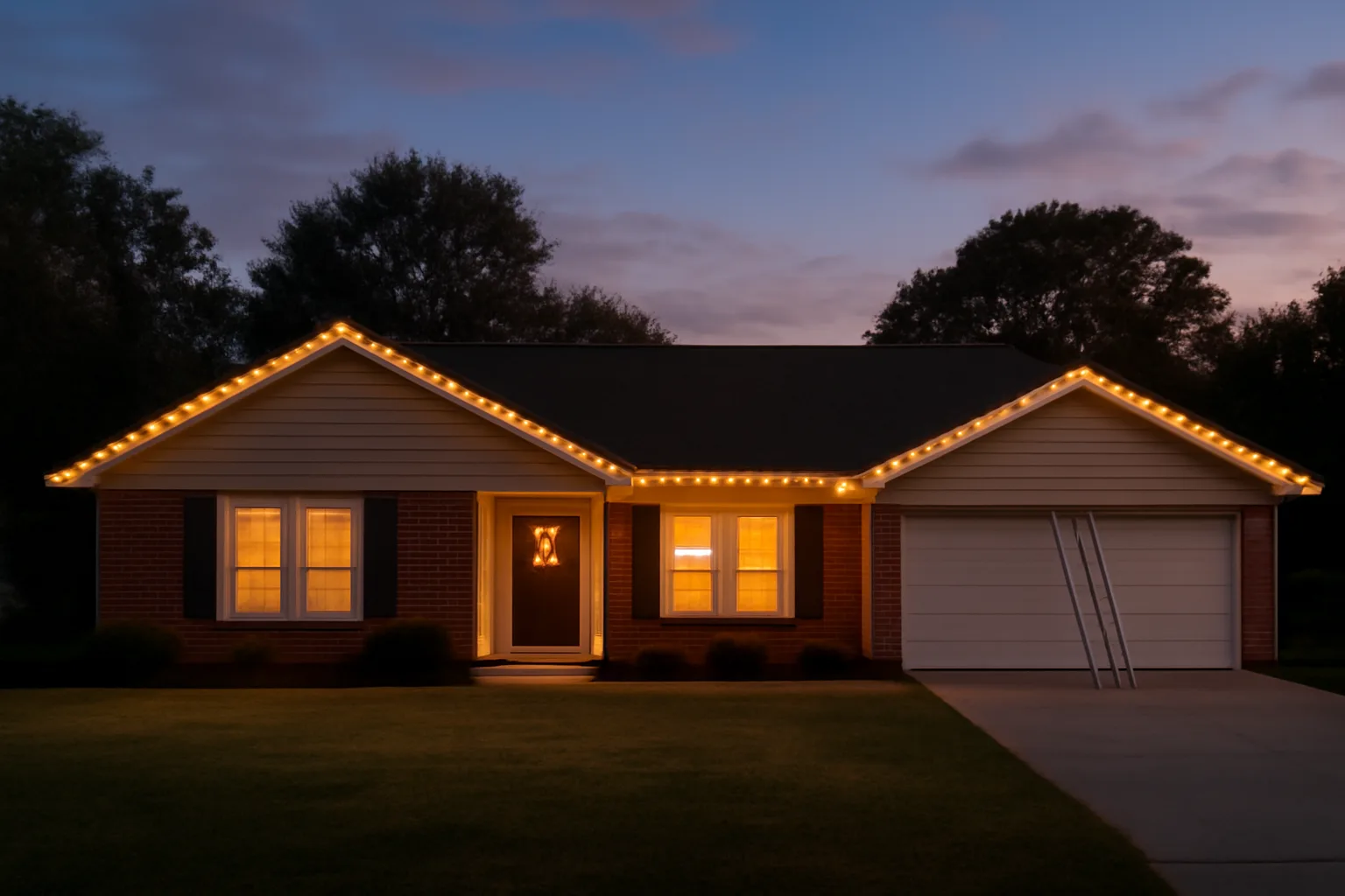 Tidy Alabama ranch with holiday lights along roofline at dusk, ladder nearby.