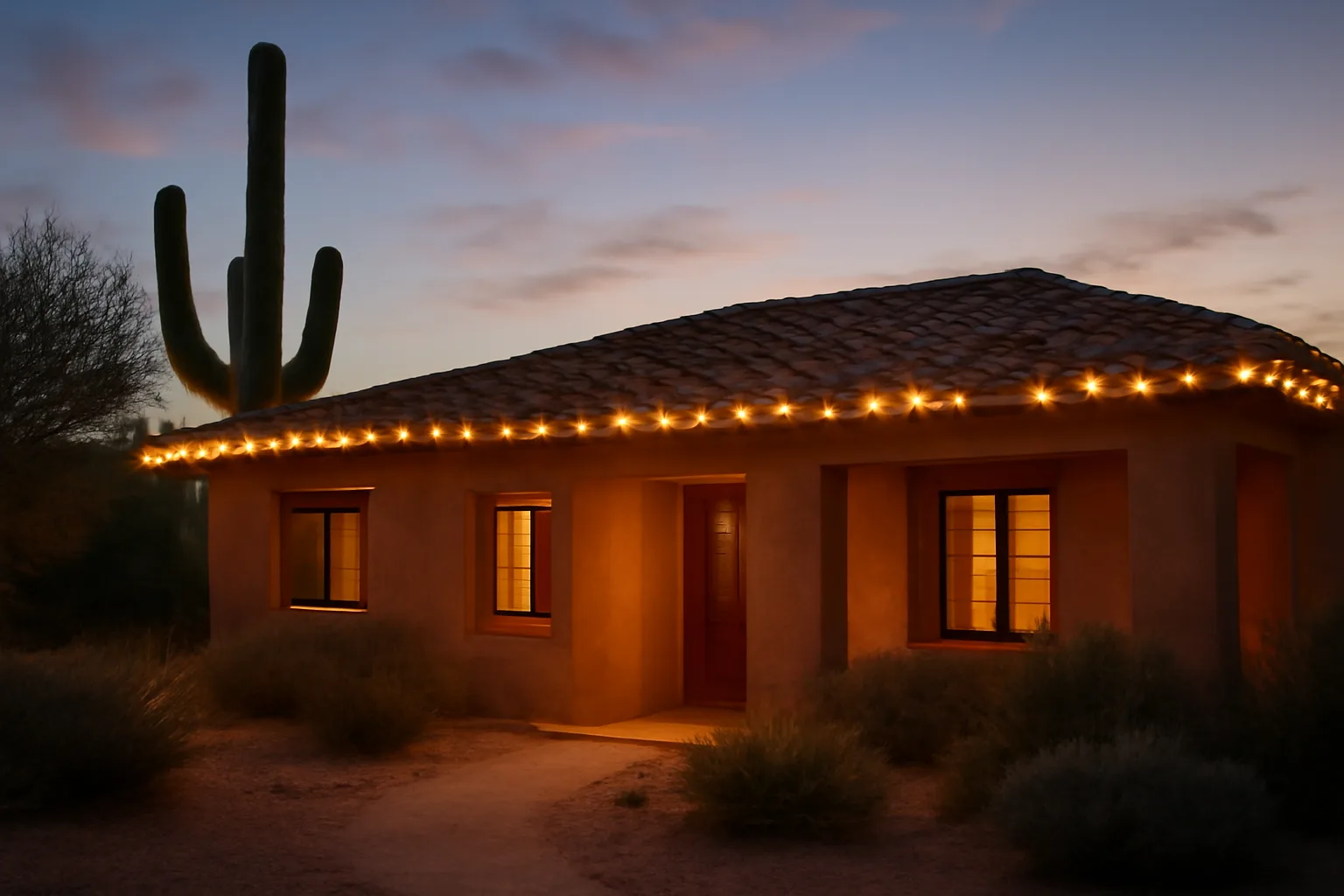 Warm white roofline holiday lights on an Arizona adobe house at dusk