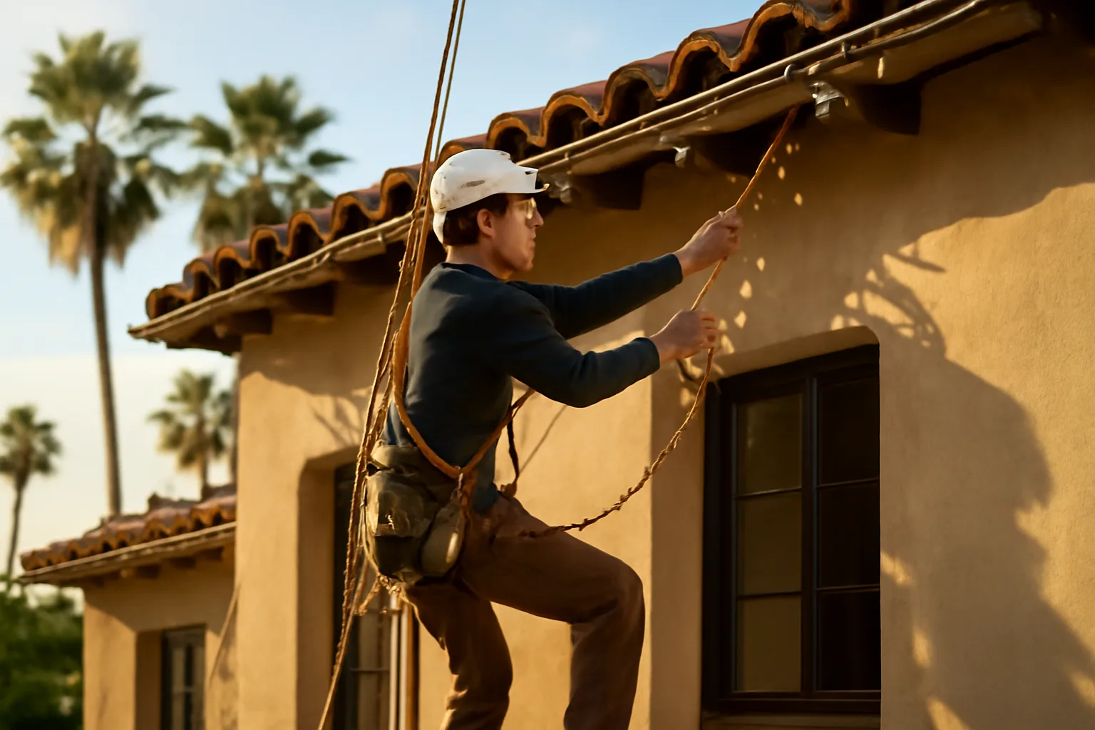 Installer hanging holiday lights on California home exterior