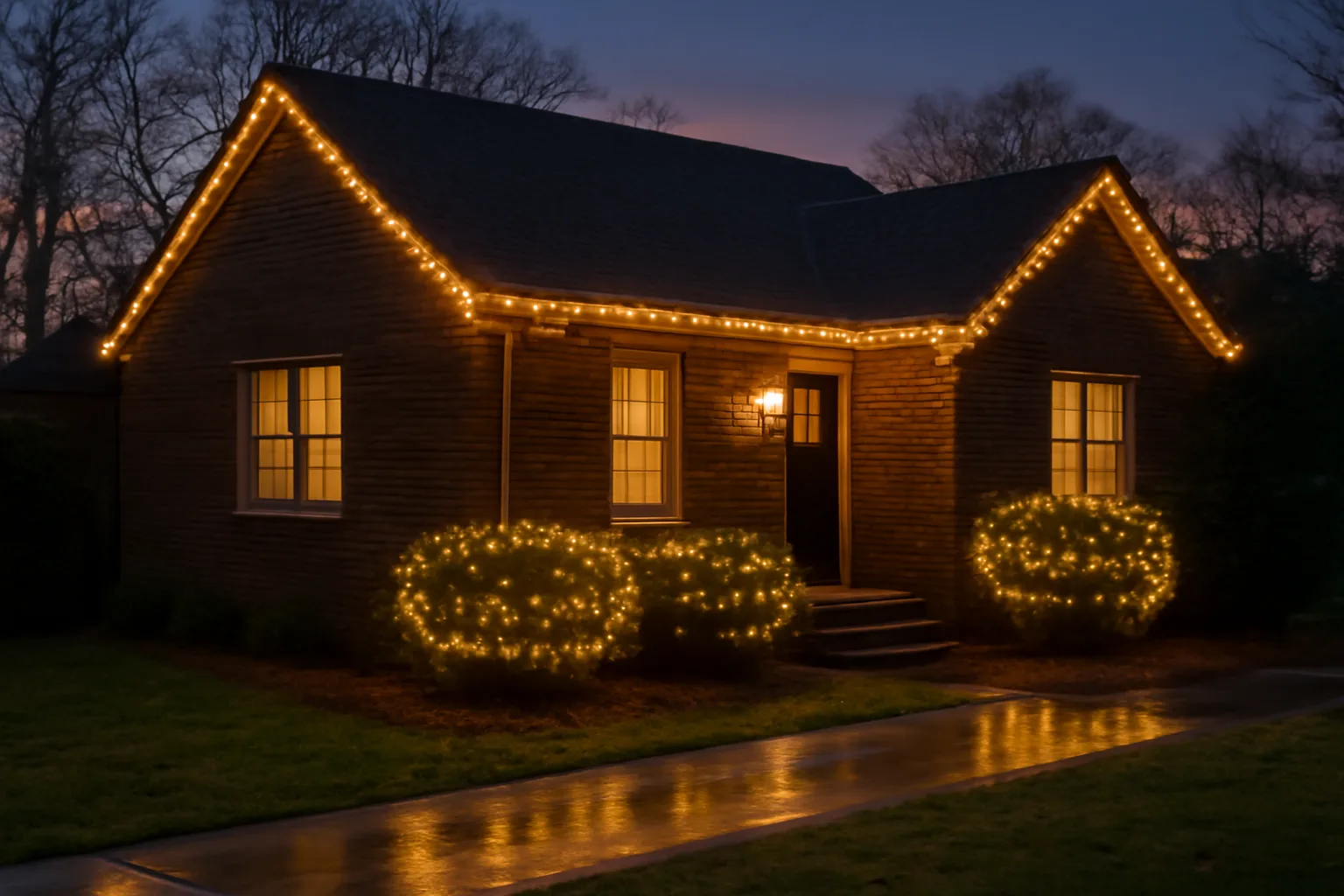 Brick ranch house with warm white holiday lights at dusk in Alabama.