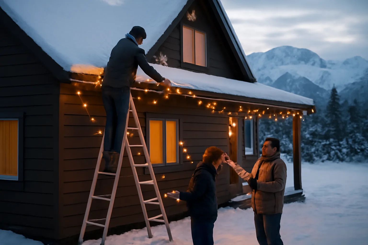 Two workers hanging holiday lights on an Alaskan house in snow