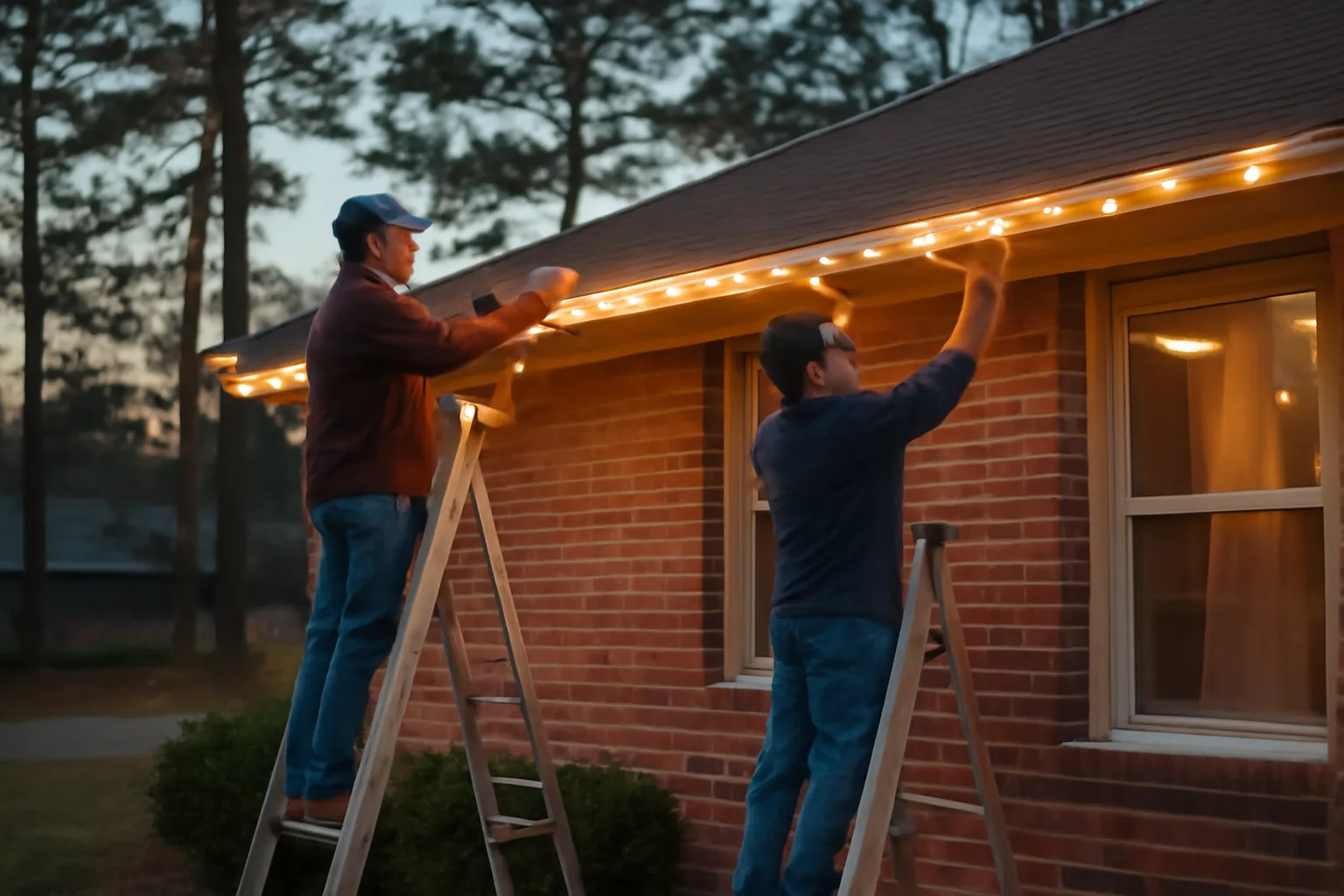 Crew hanging warm white holiday lights on an Arkansas home roofline at dusk