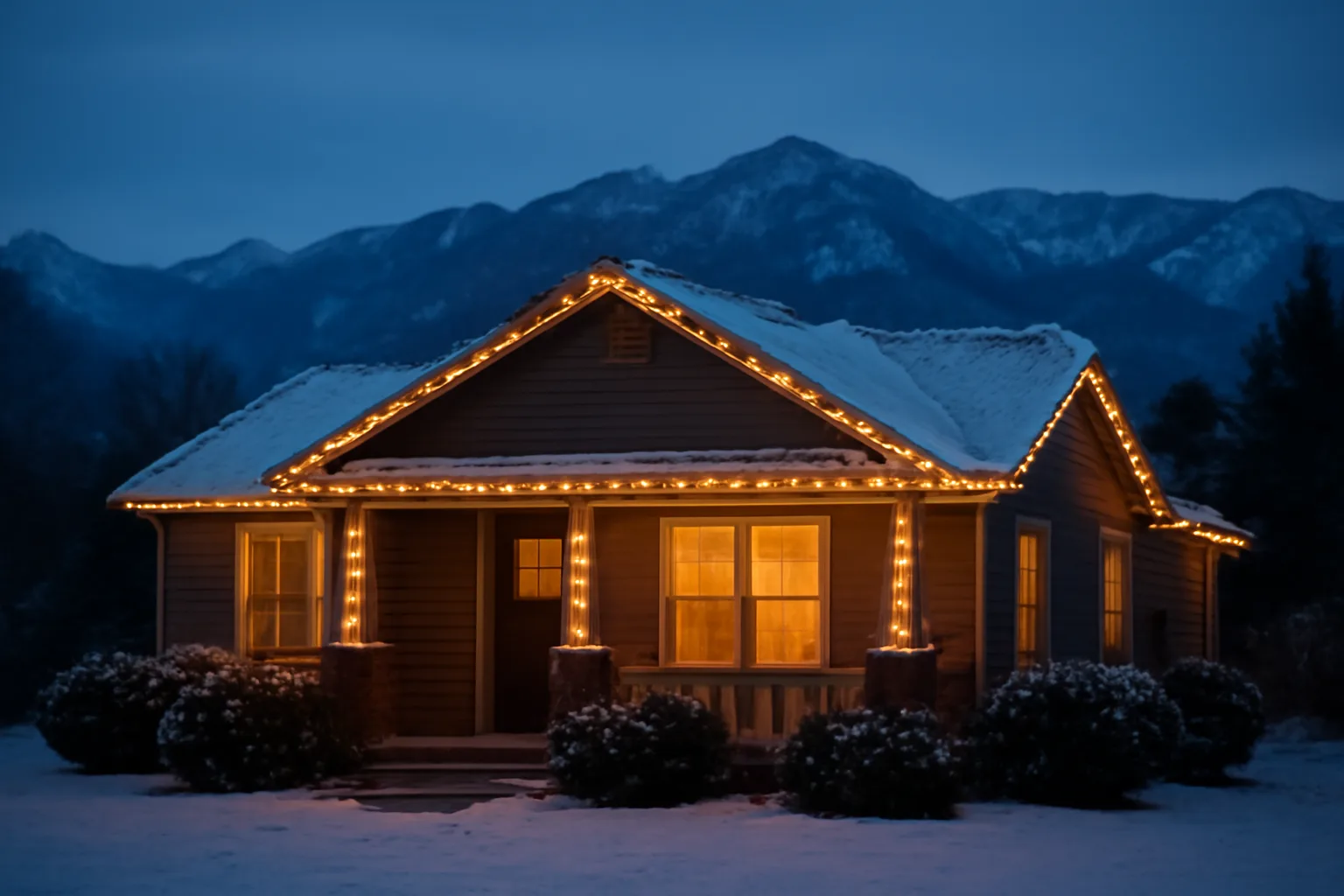 Warm white holiday lights outline a snow-dusted Colorado house at dusk.