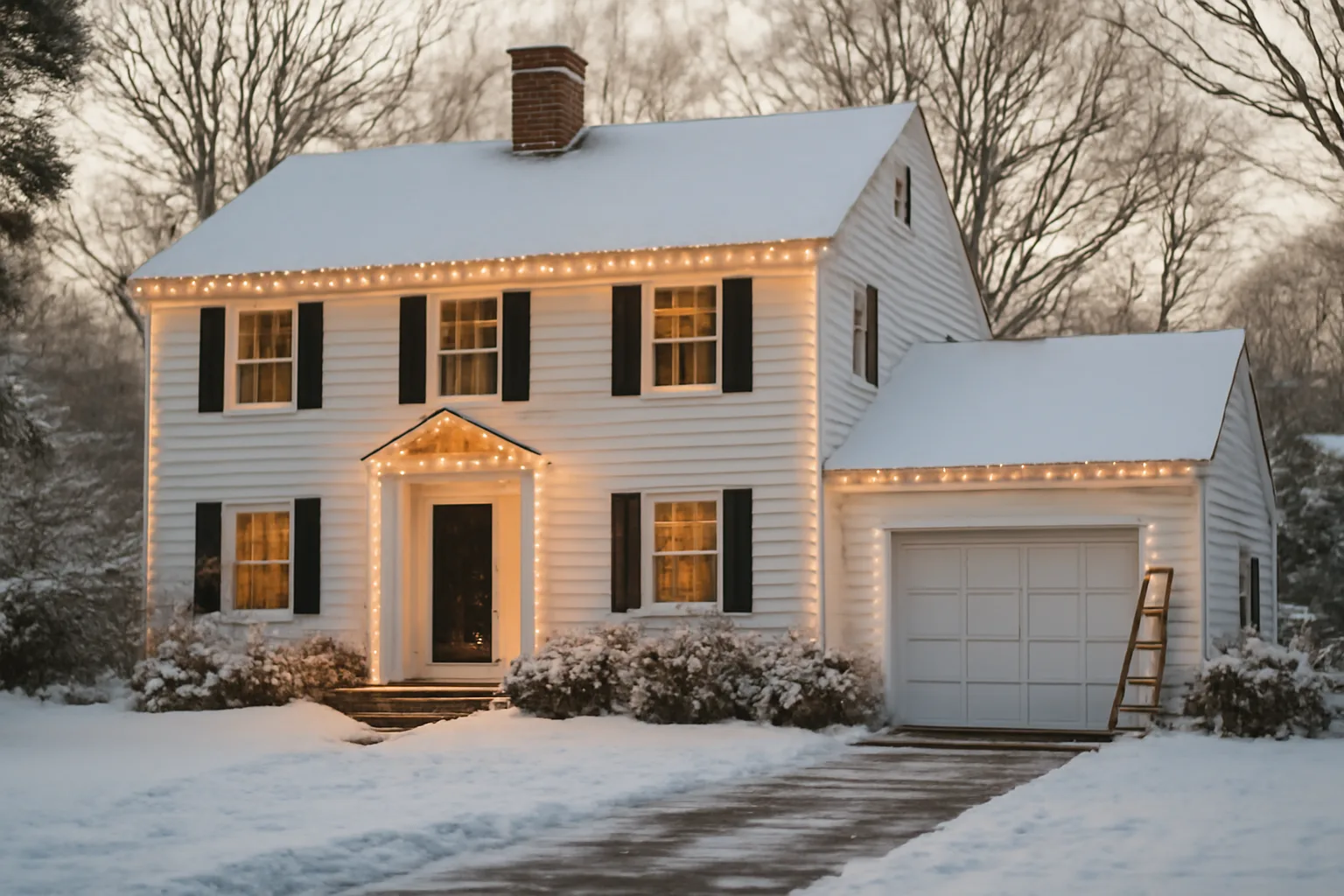 Colonial house in Connecticut with white holiday lights along the roofline