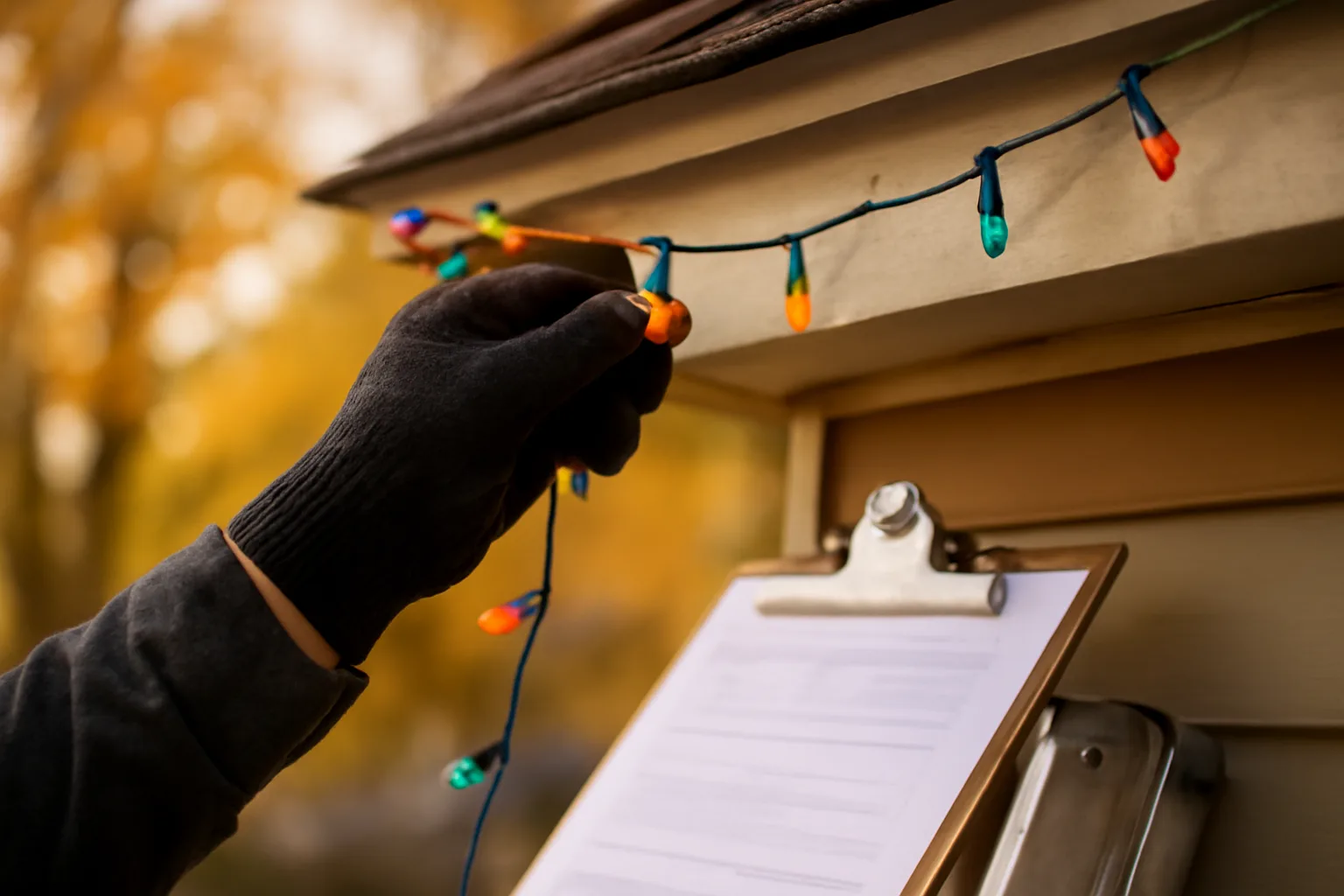 close-up of gloved hand installing holiday lights on a house roof in Delaware with license paperwork visible