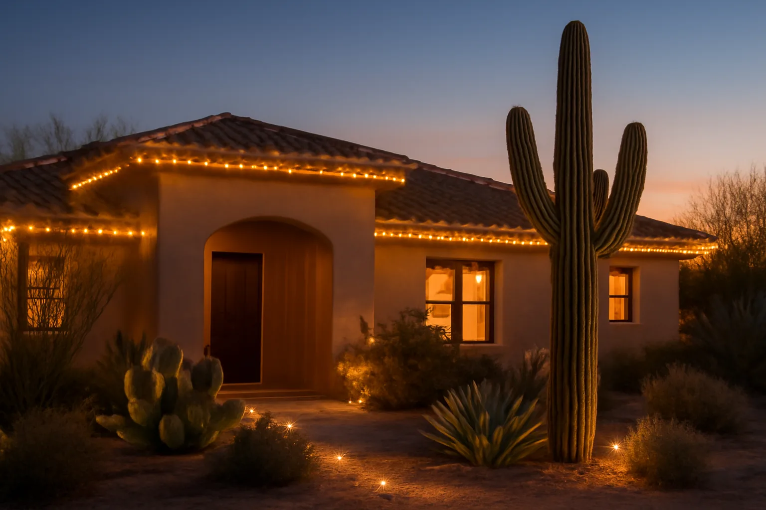Arizona home with holiday lights and cacti at dusk