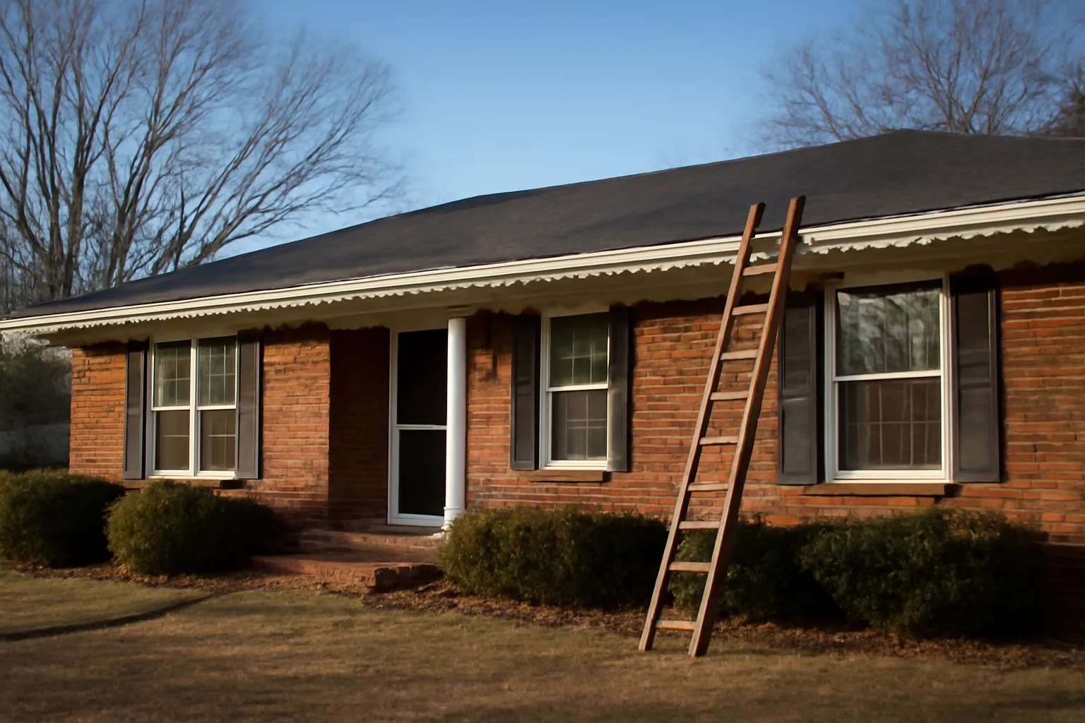 White holiday lights on an Arkansas brick ranch home in December