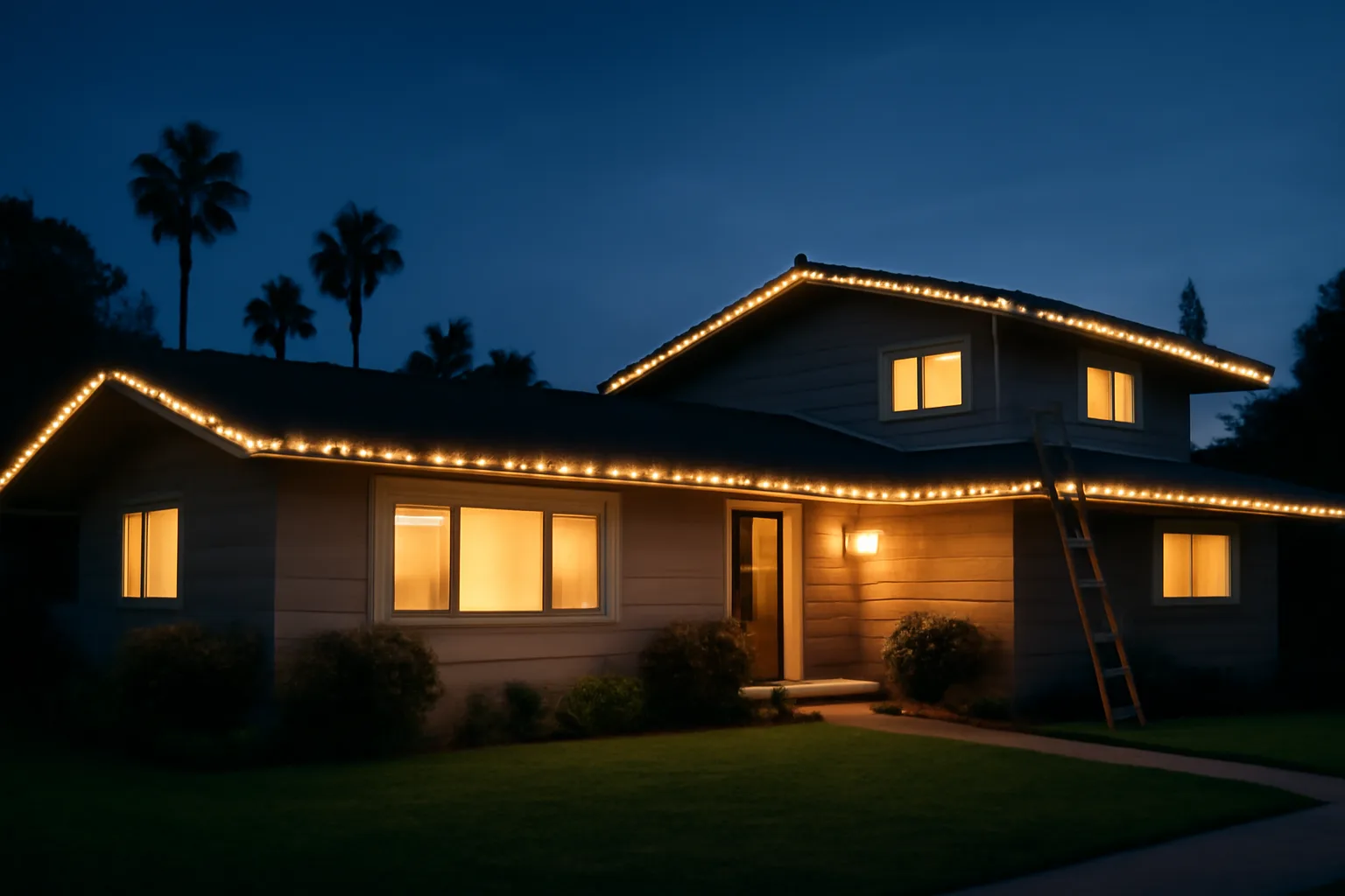 California home with professional holiday lights along roofline at dusk