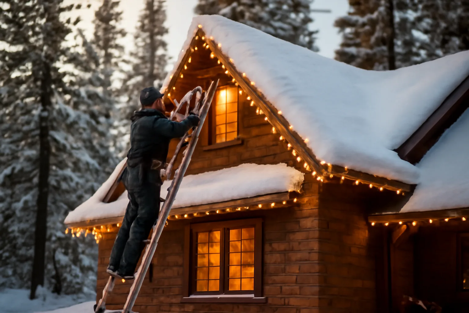 Colorado home with holiday lights installation on a snowy day