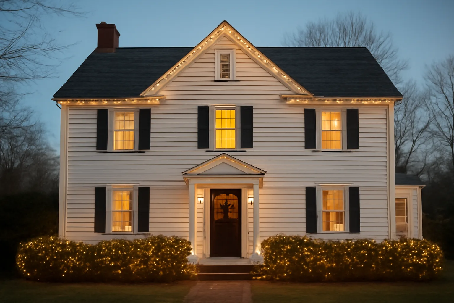 Connecticut home with warm white holiday lights on roofline and shrubs