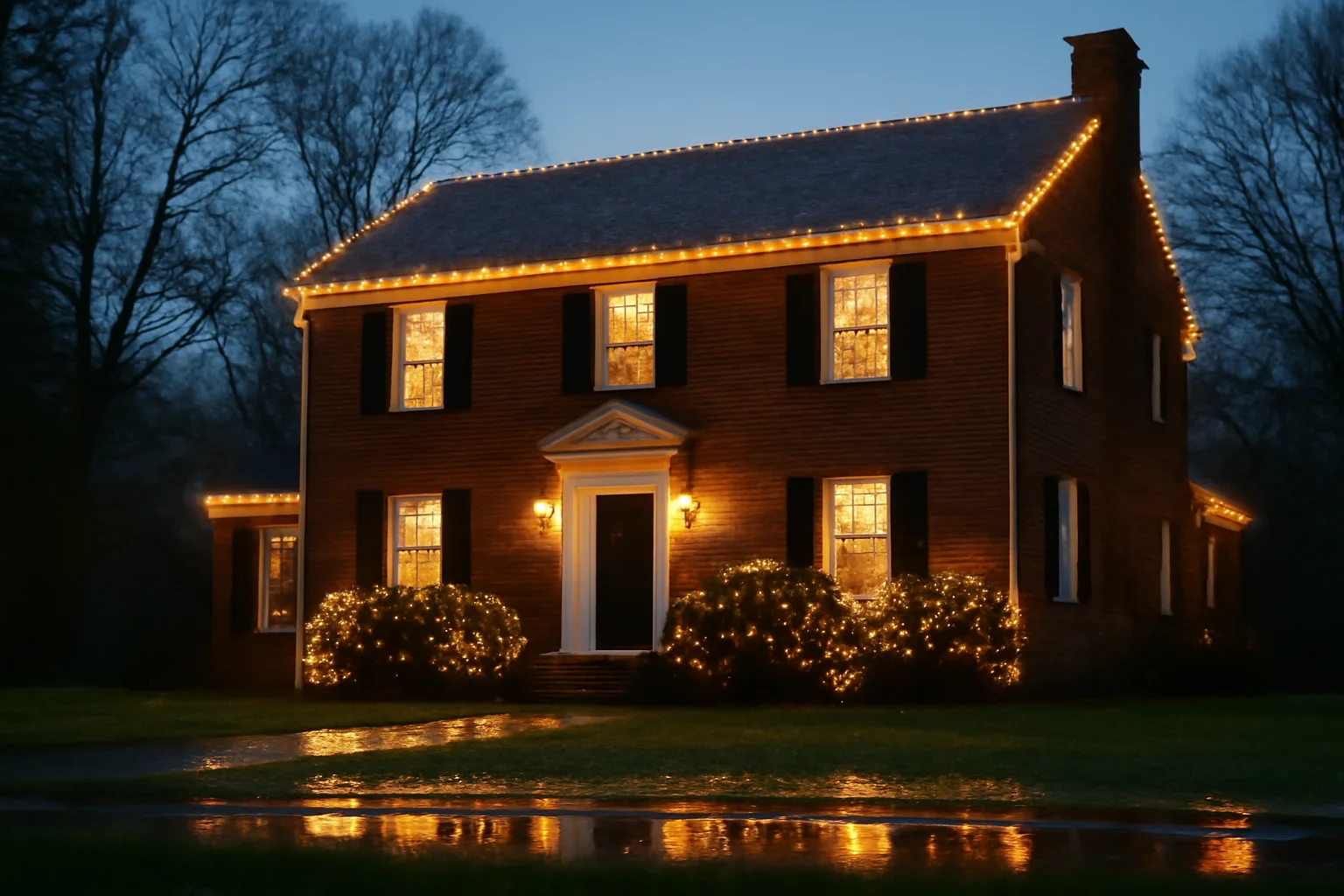 Warm holiday lights on a Delaware colonial house roof at dusk