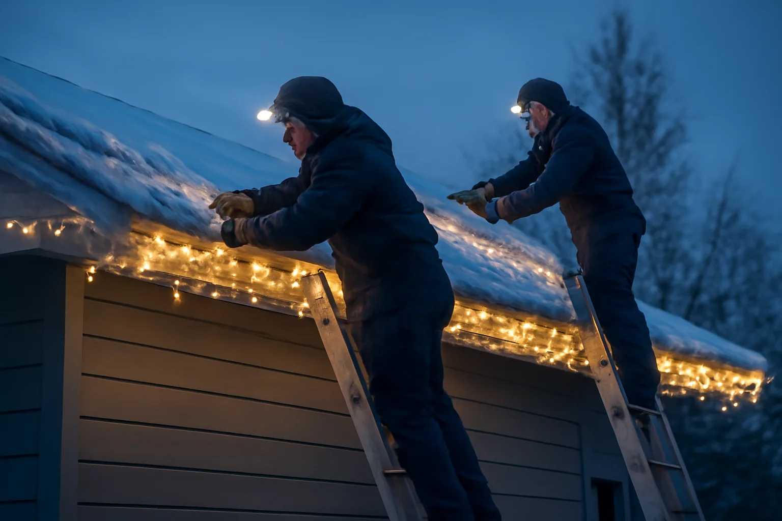 Workers hang holiday lights on an Anchorage roofline at dusk in light snow.