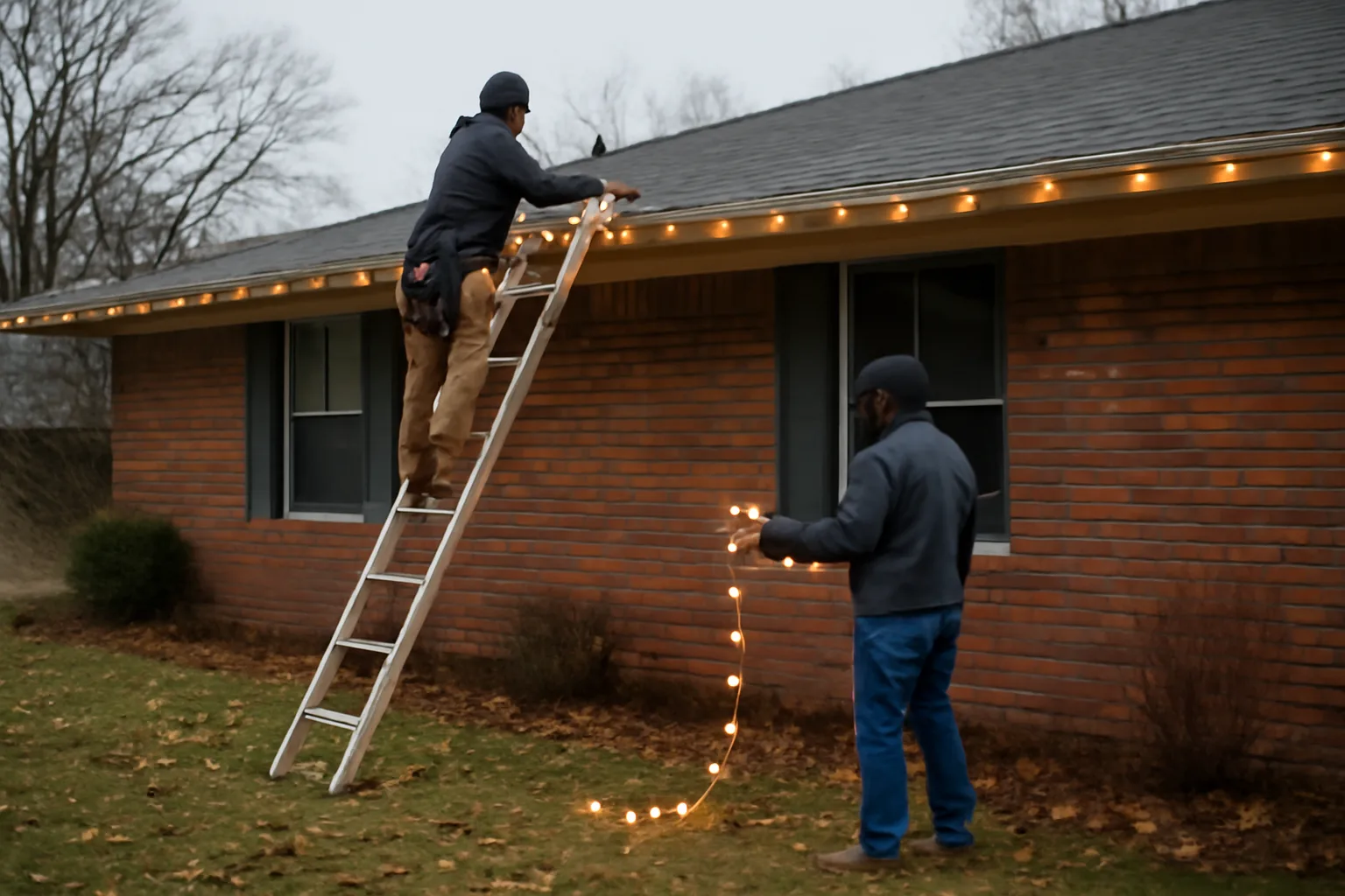 Crew installing holiday lights on an Arkansas brick ranch home roofline with ladder and tools