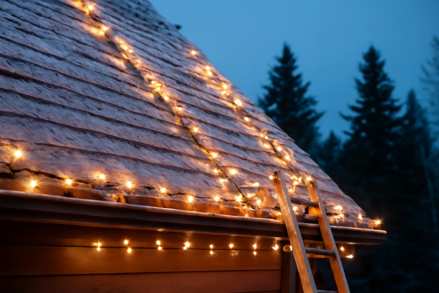 Warm white holiday lights hung along a snowy Colorado roofline at dusk
