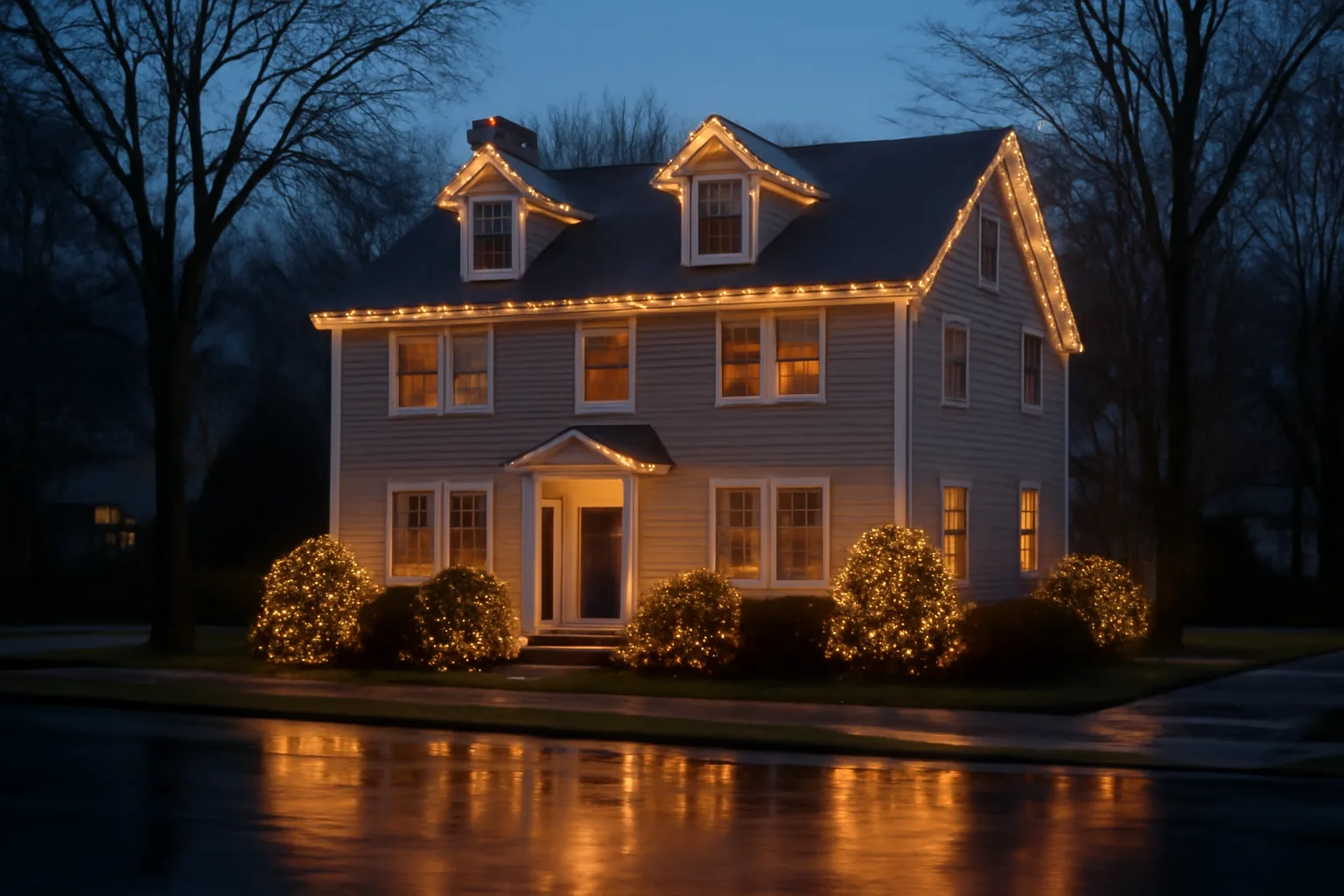 Connecticut colonial home at dusk with classic roofline holiday lights