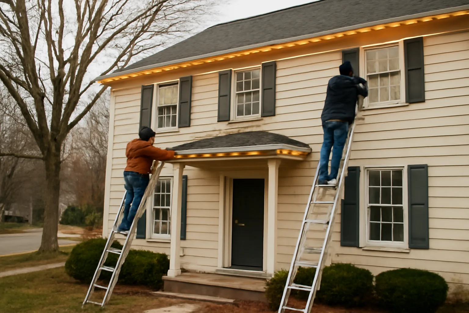 Two installers hanging roofline holiday lights on a Delaware colonial home in late autumn