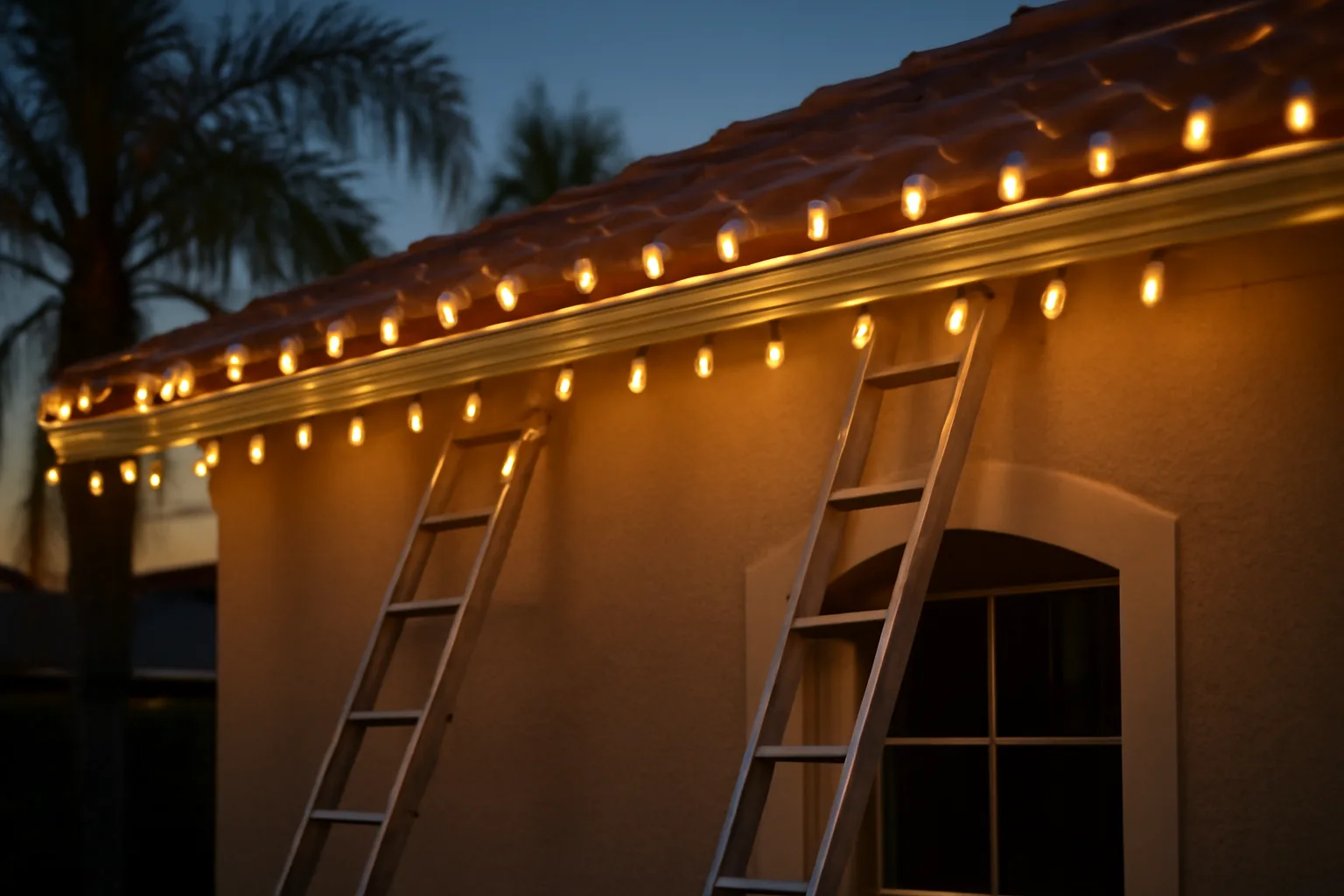 Florida home with warm white holiday lights on roof and palm trees at dusk