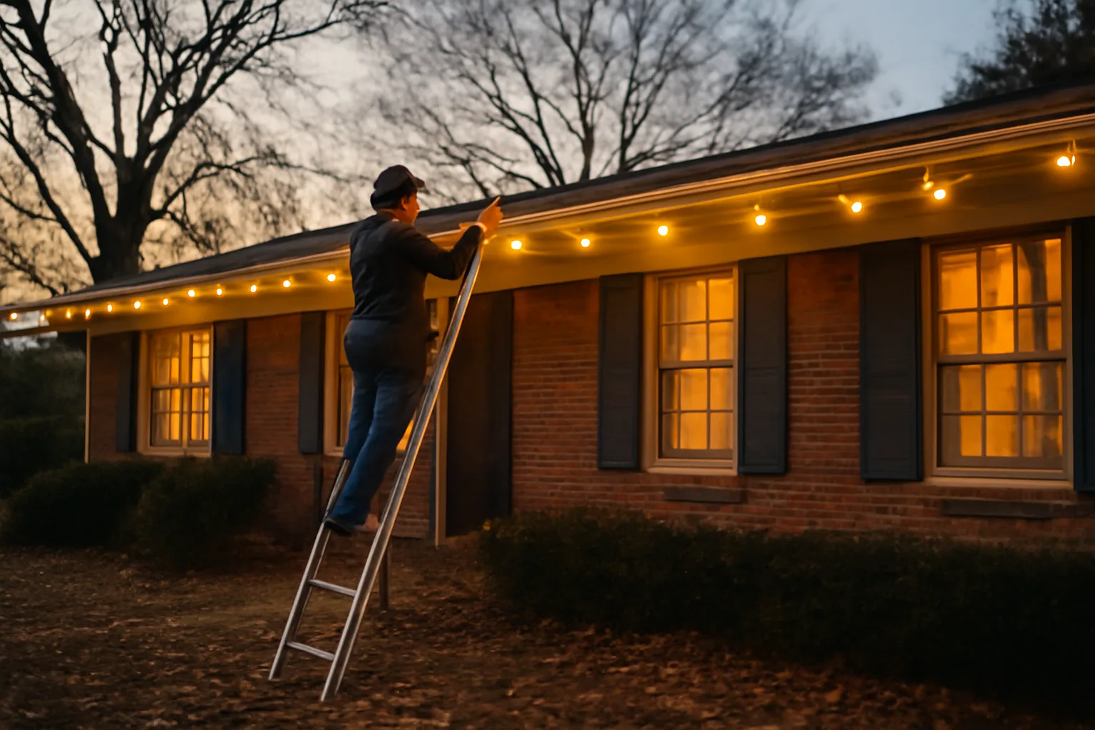 Worker clipping holiday lights on a Georgia ranch at dusk
