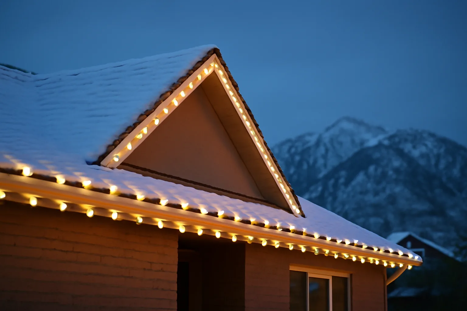 Warm holiday lights along a Utah home roofline with snowy mountains behind at dusk