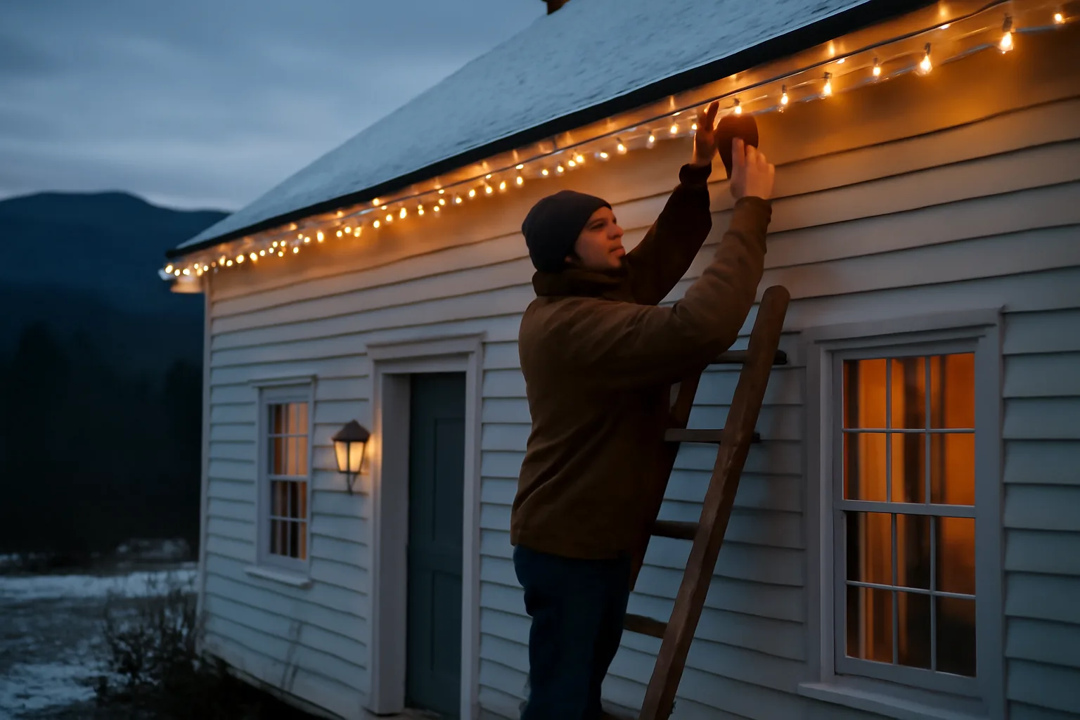 Contractor hanging holiday lights on a Vermont clapboard colonial home at dusk