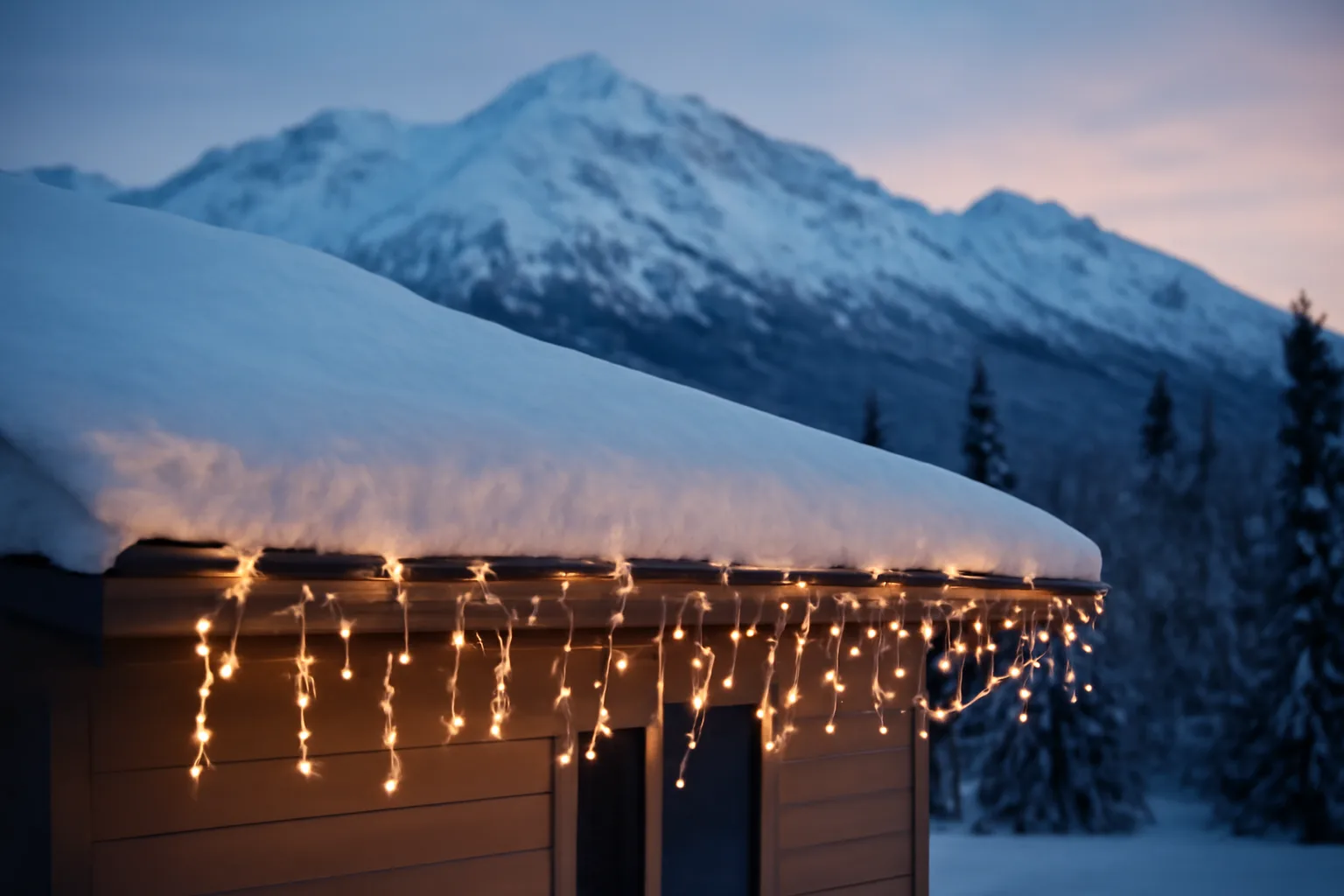 Snowy Alaska home with holiday lights at dusk, mountains behind.