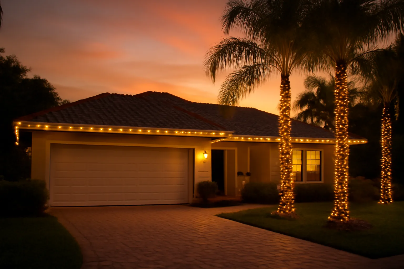 Florida ranch home with holiday lights on a barrel tile roof and palm trees at dusk