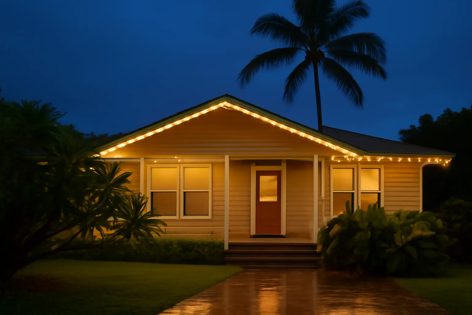 Holiday lights glowing on a Kailua, Hawaii house at dusk
