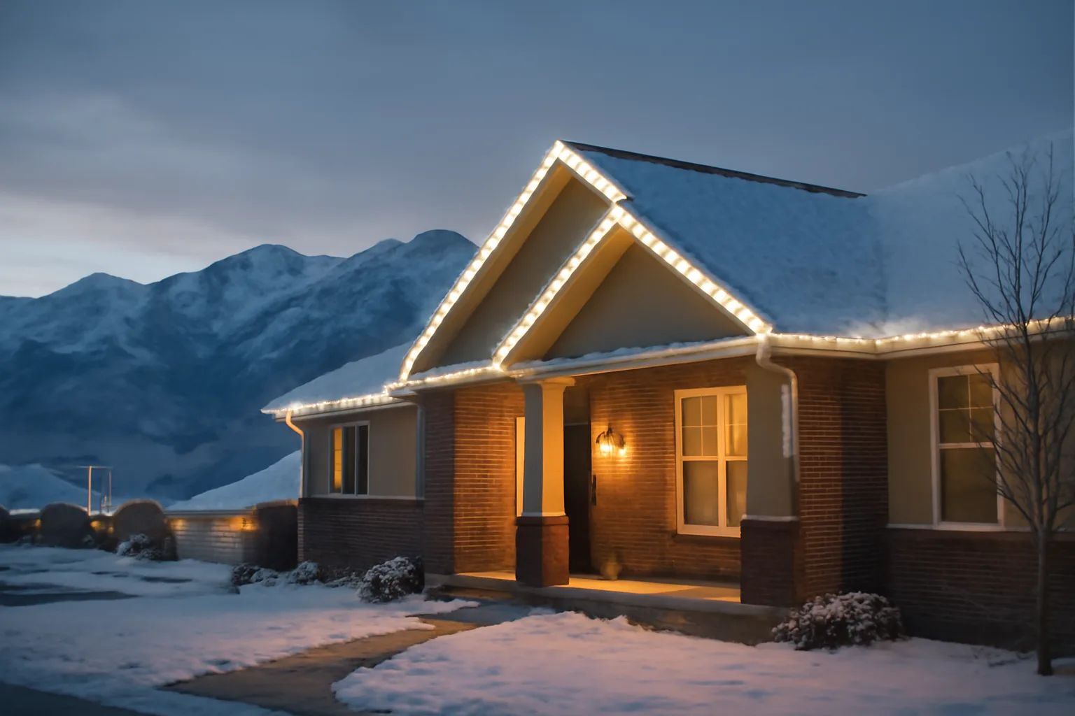 LED holiday lights on a snowy Utah home roofline at dusk with mountains behind