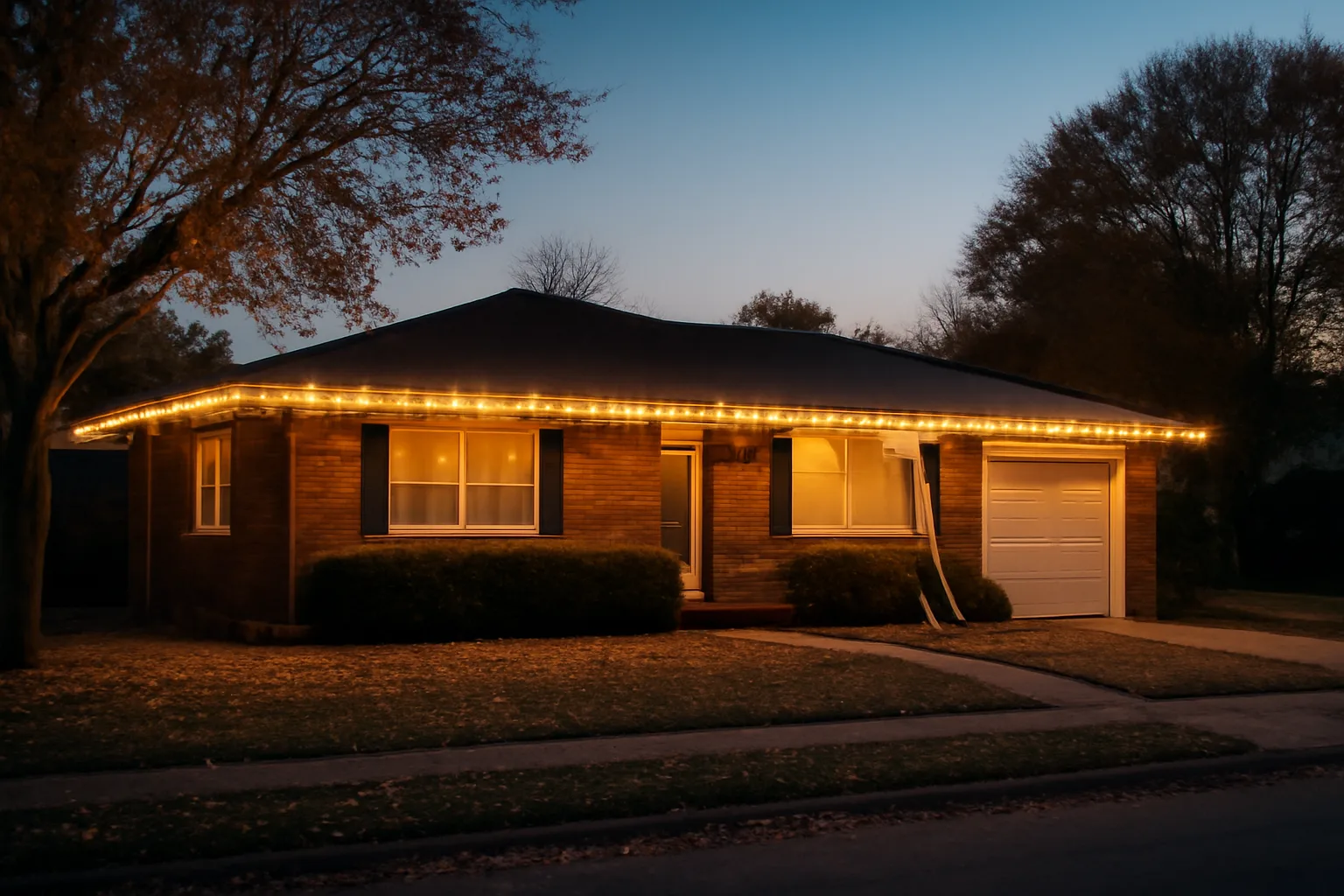 Brick ranch home with holiday lights on roofline and ladder against garage at dusk in Alabama