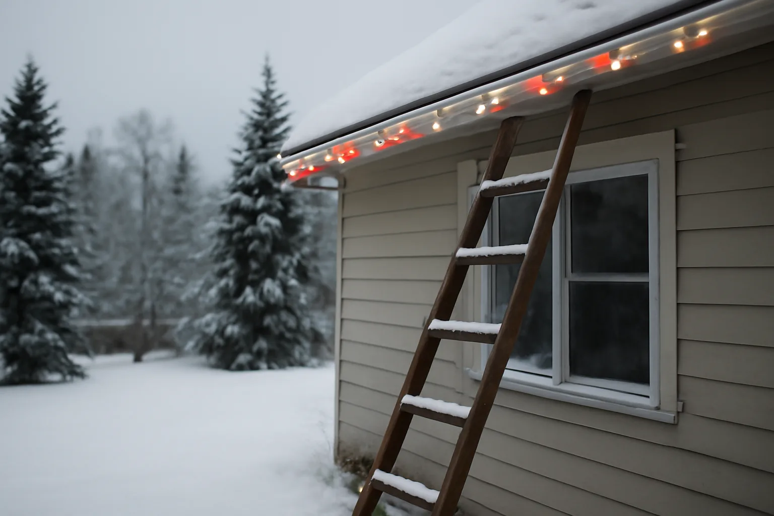 Ladder and holiday lights on snowy Alaskan house exterior