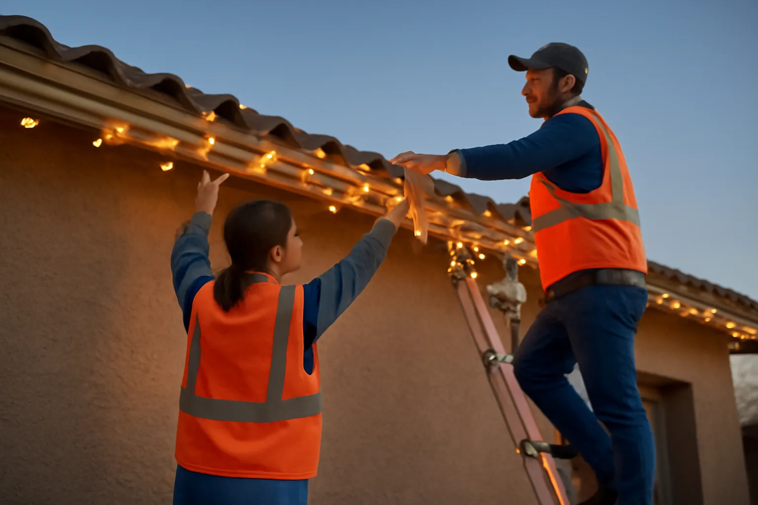 Two people hanging holiday lights on a Phoenix roofline at dusk