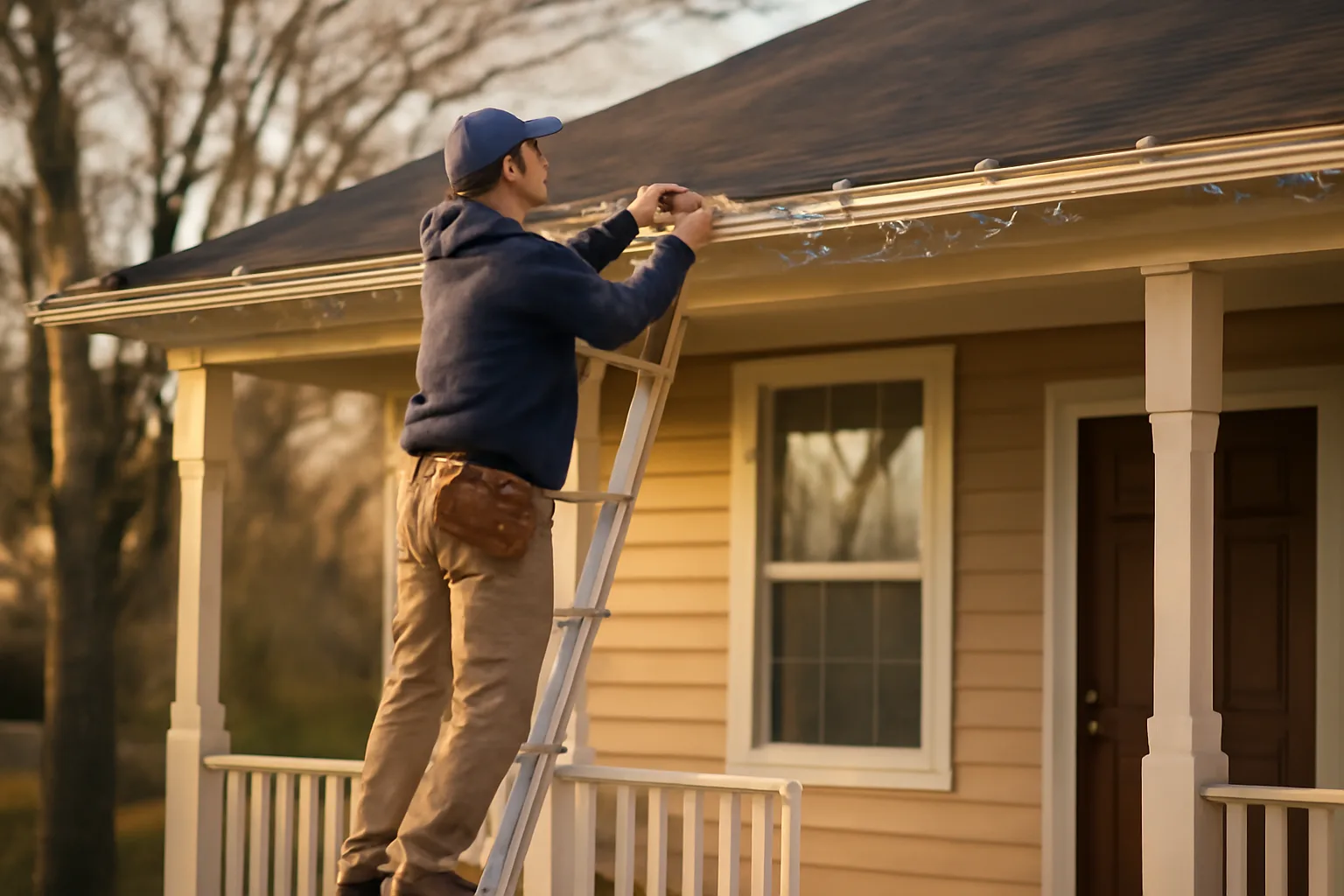 Worker installing holiday lights on a home in Arkansas