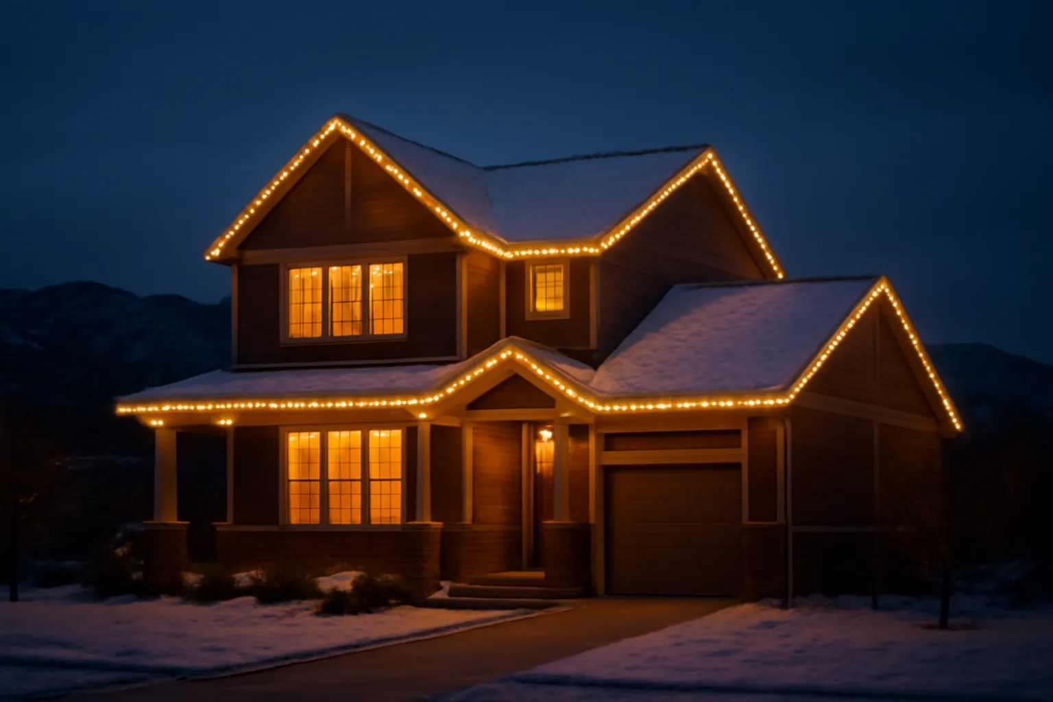 Two story Colorado home with holiday lights on gutters at dusk