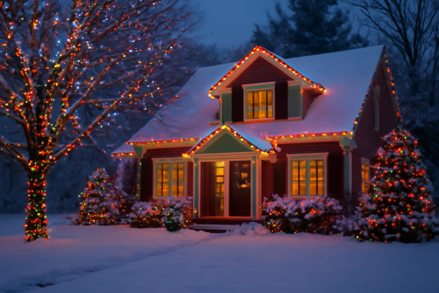 House with holiday lights in Connecticut winter