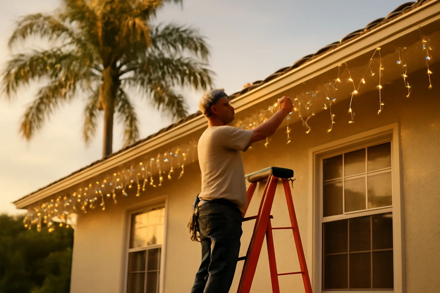 Worker installing holiday lights on a Florida home’s roofline with palm tree backdrop