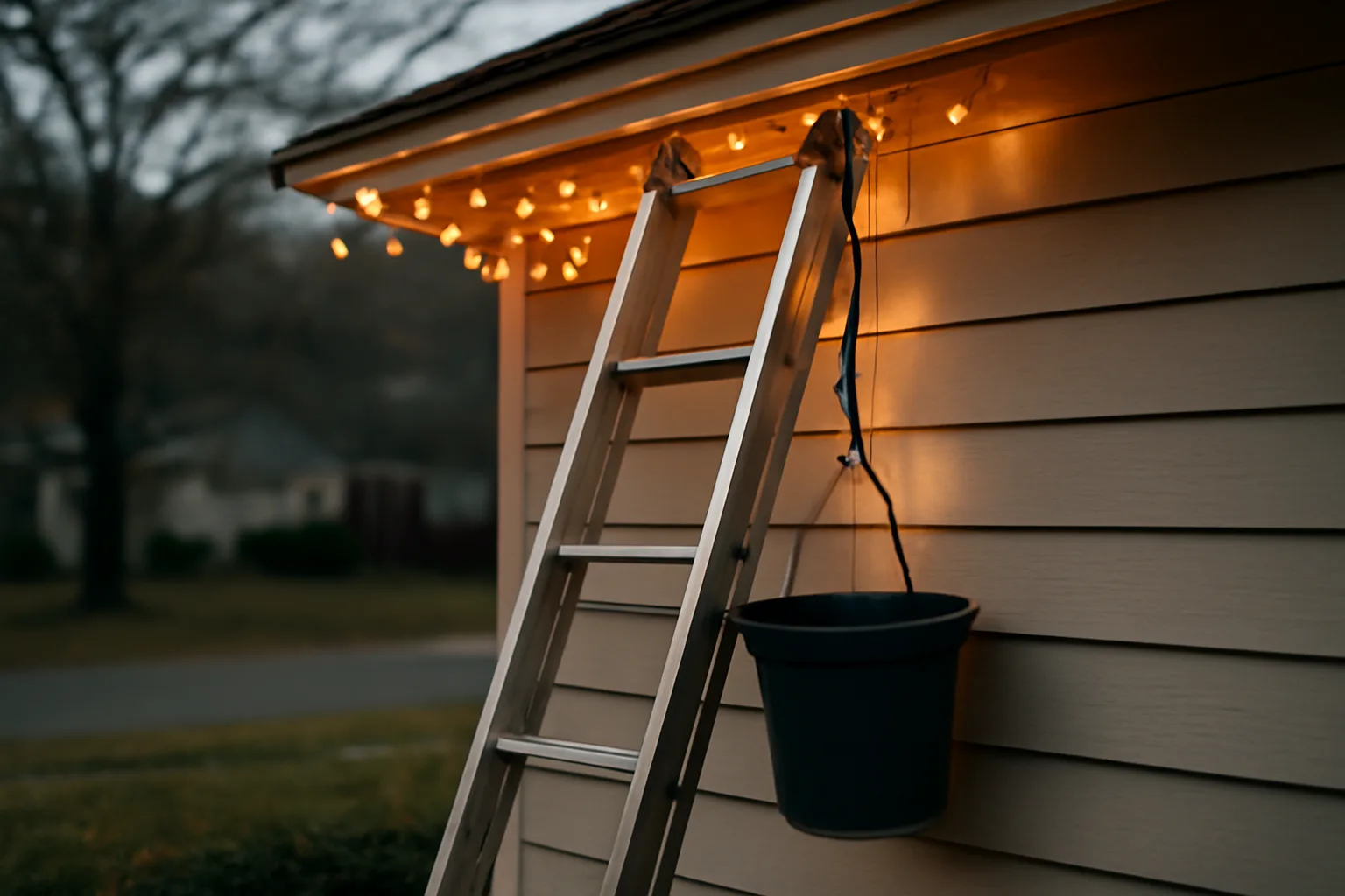 Ladder with holiday lights against suburban Georgia house eave