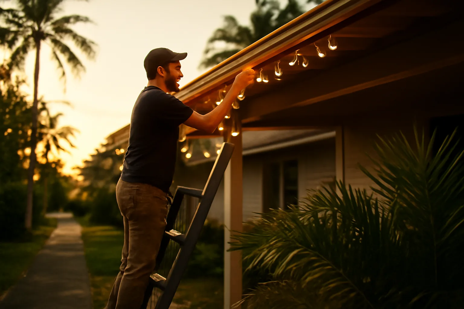 Installer hangs holiday lights on a Honolulu lanai at dusk