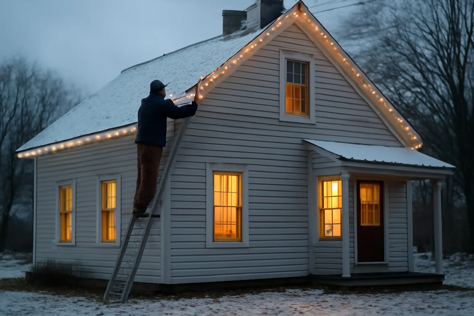 Worker hanging LED holiday lights on a Vermont farmhouse roofline at dusk