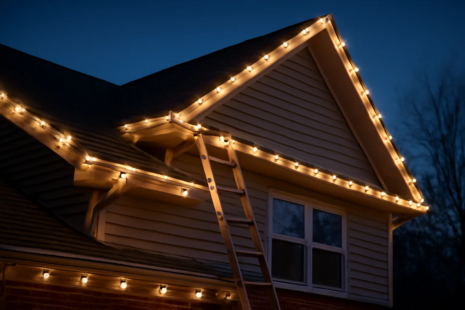 White string lights glowing on a Virginia home roofline at winter dusk