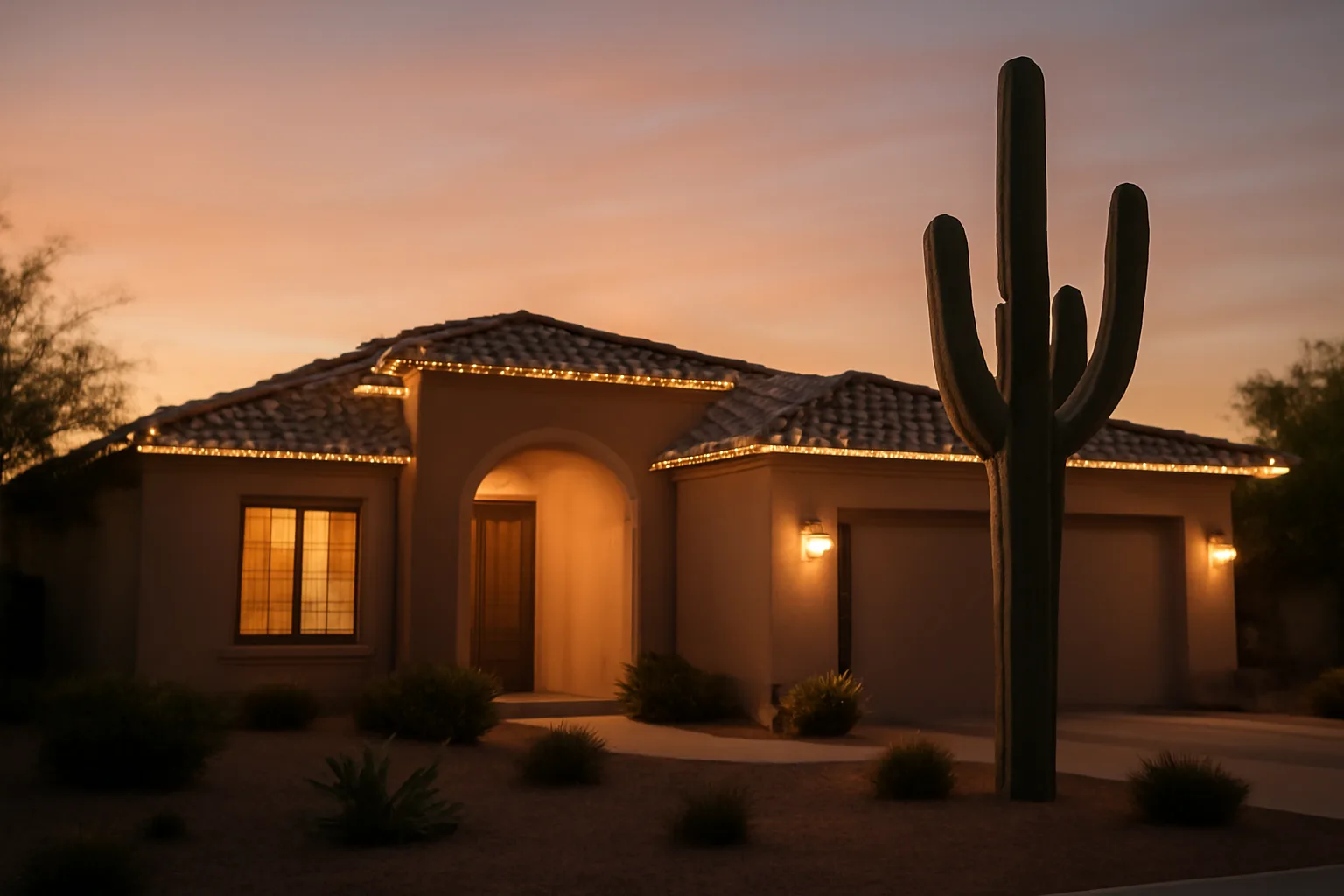 Arizona home with holiday lights on roofline and cactus at dusk