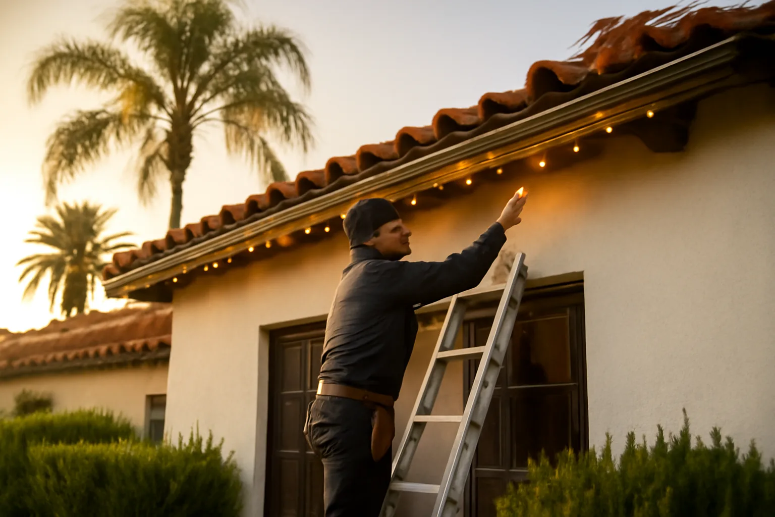 Professional holiday light installer working on a California home roofline with palm trees