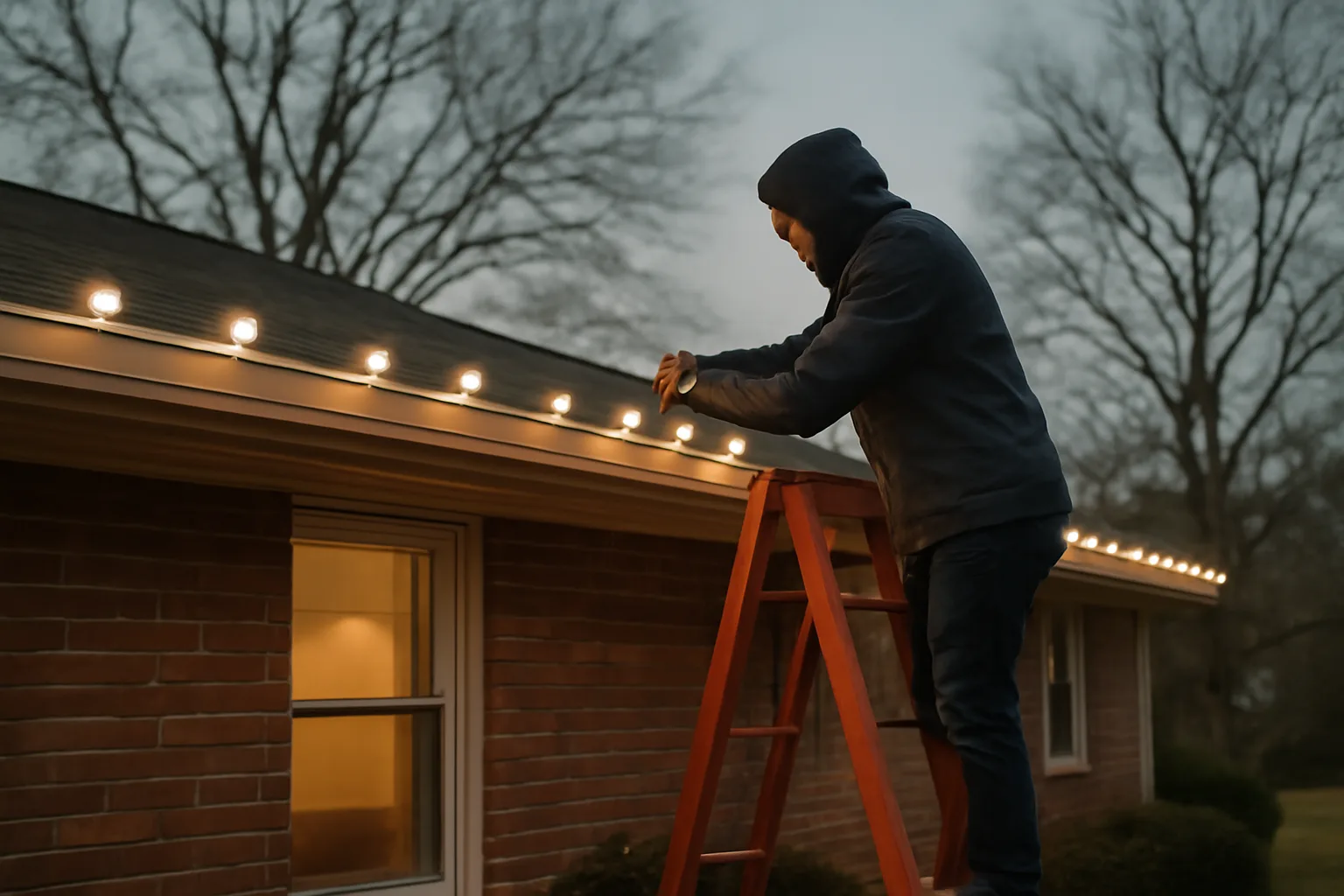 Worker hanging holiday lights on a Georgia brick house at dusk