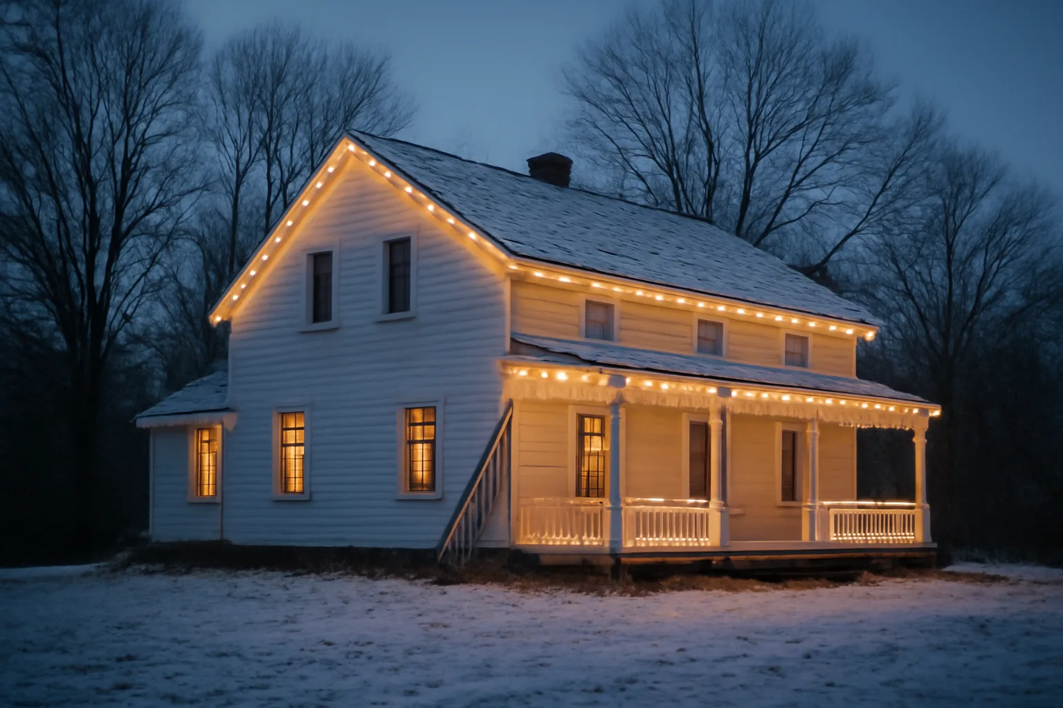 Vermont farmhouse with white LED holiday lights on roofline in early December snow