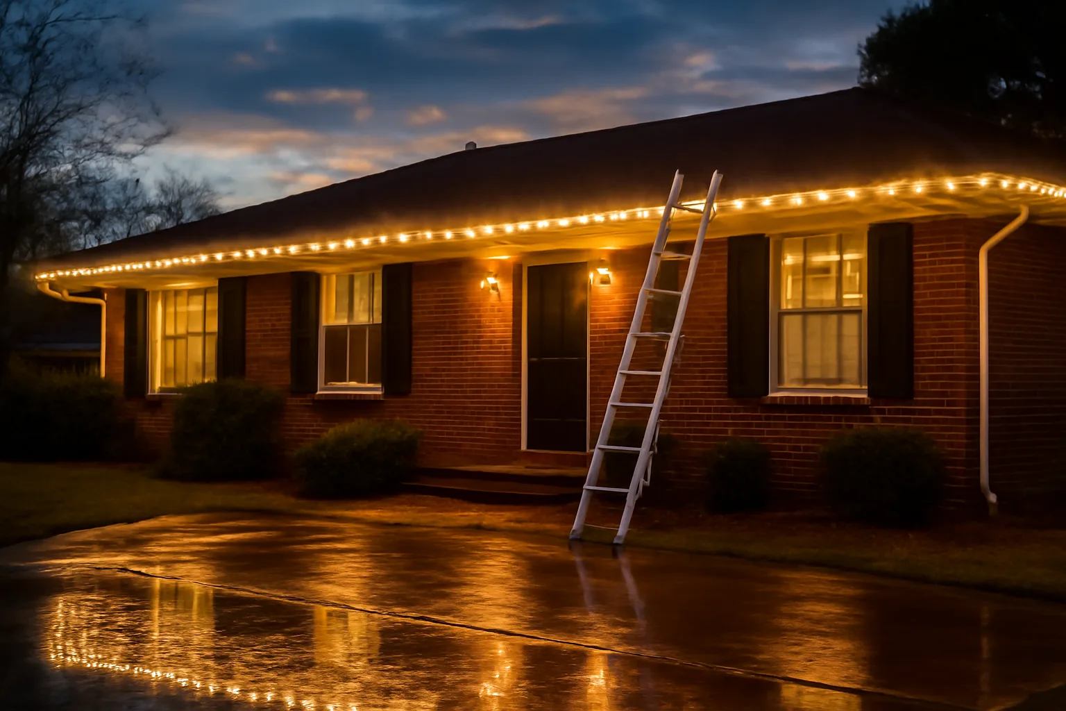 C9 warm-white holiday lights on a Birmingham ranch house roofline at dusk after rain