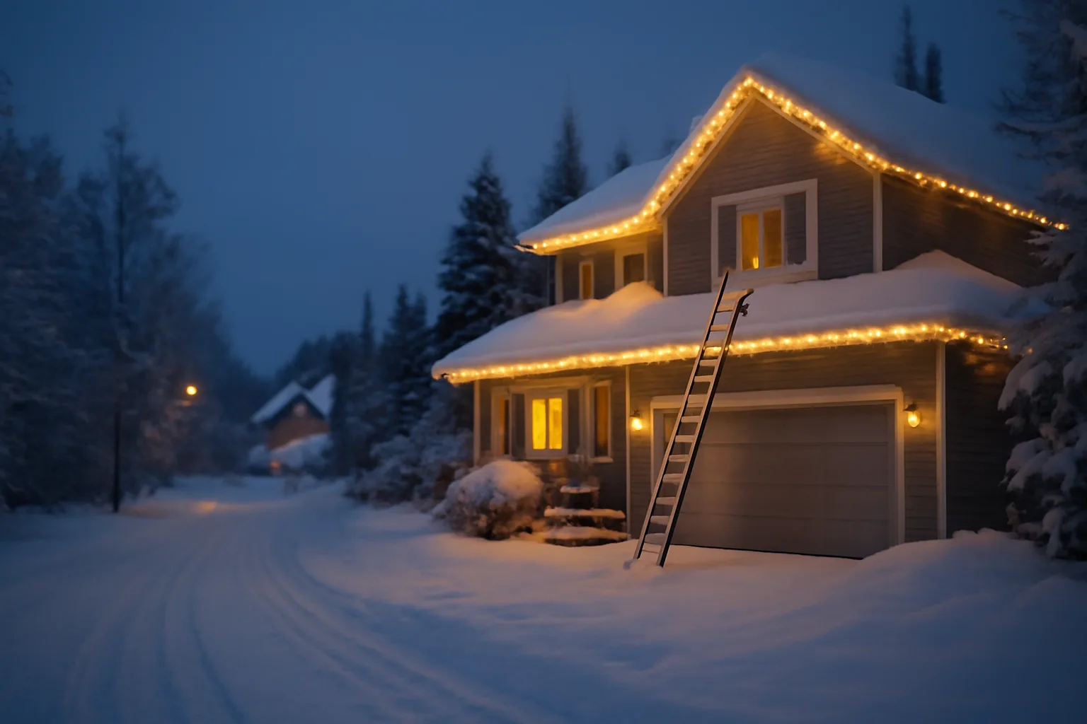 Alaska home with holiday lights and ladder in snowy evening scene