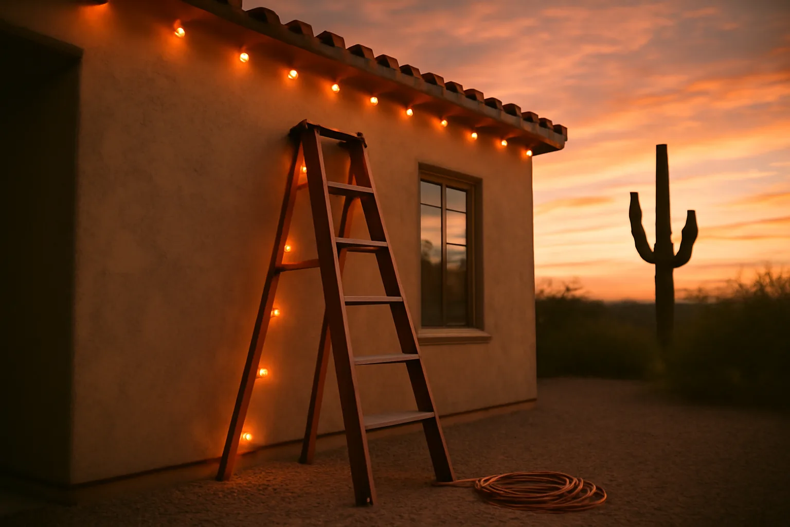 Holiday lights on a stucco Arizona house with a ladder set up at dusk