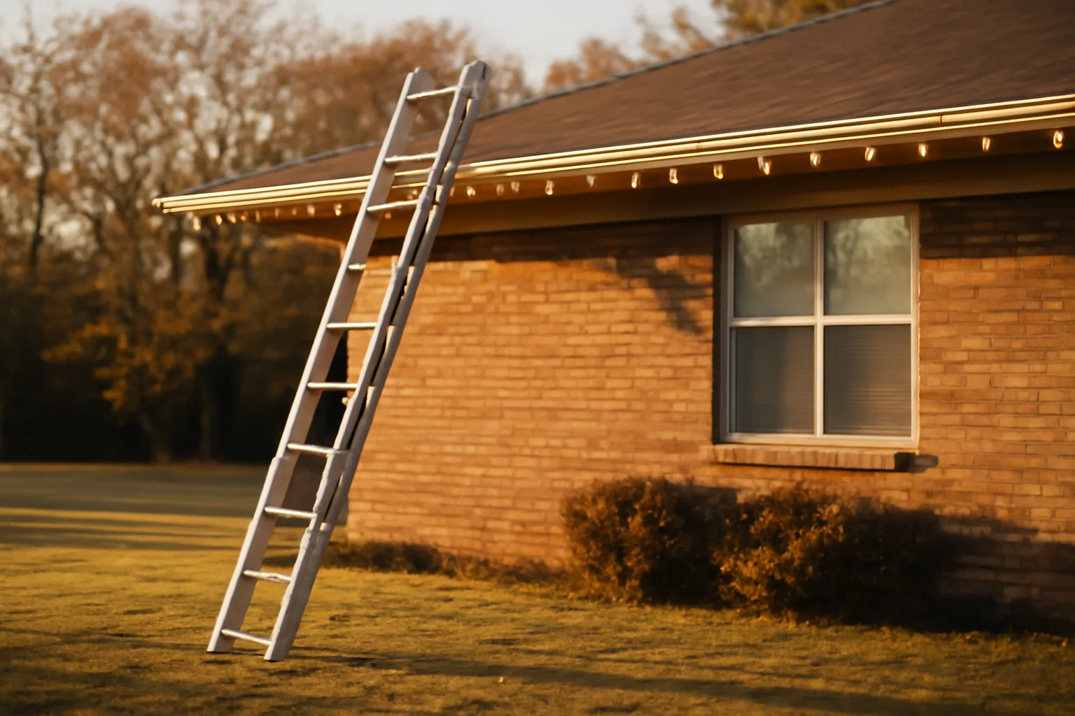 Fiberglass ladder on Arkansas ranch house with C9 holiday lights along gutter line