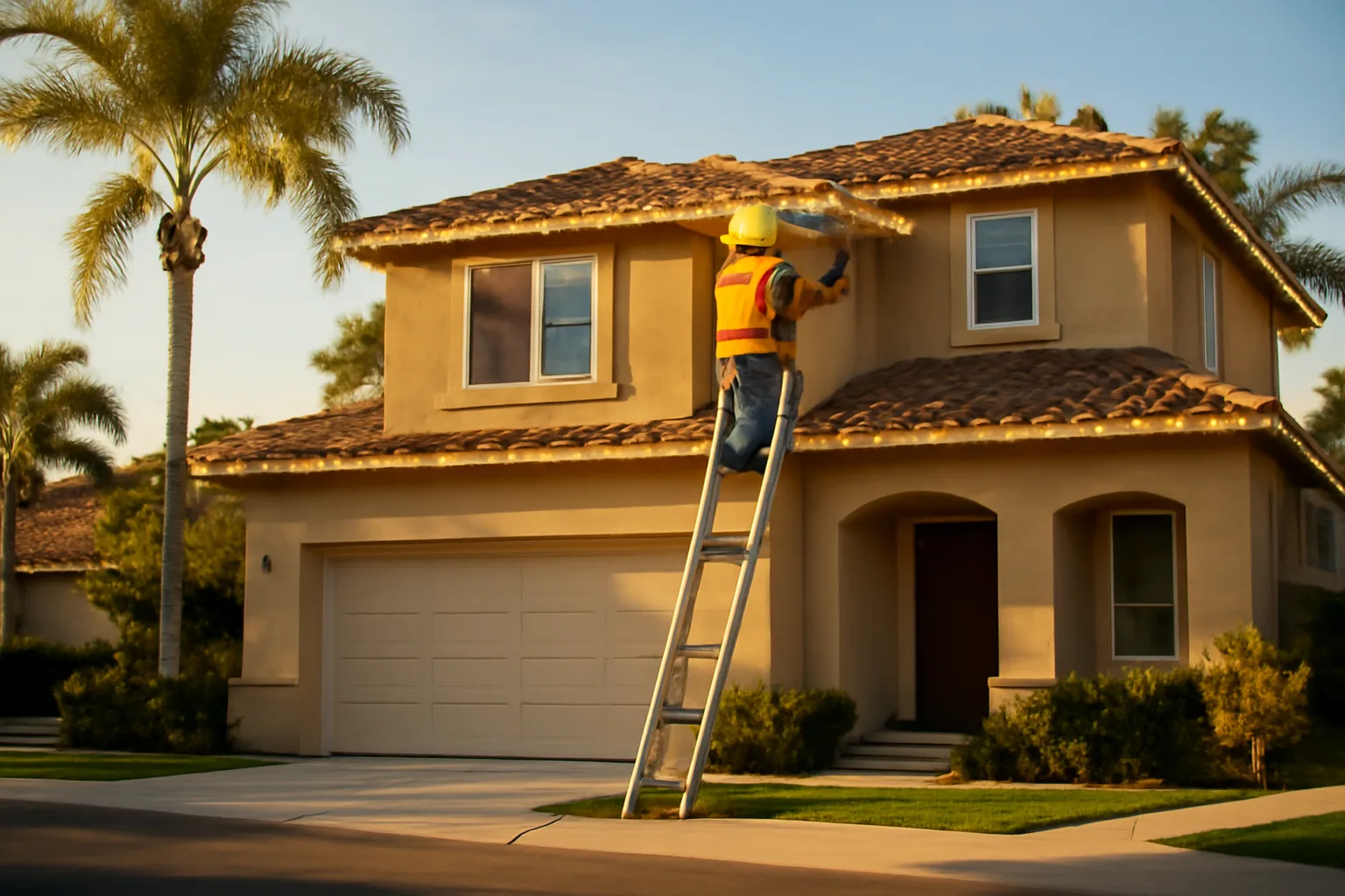 Holiday lights installation on a California house with a contractor on a ladder.
