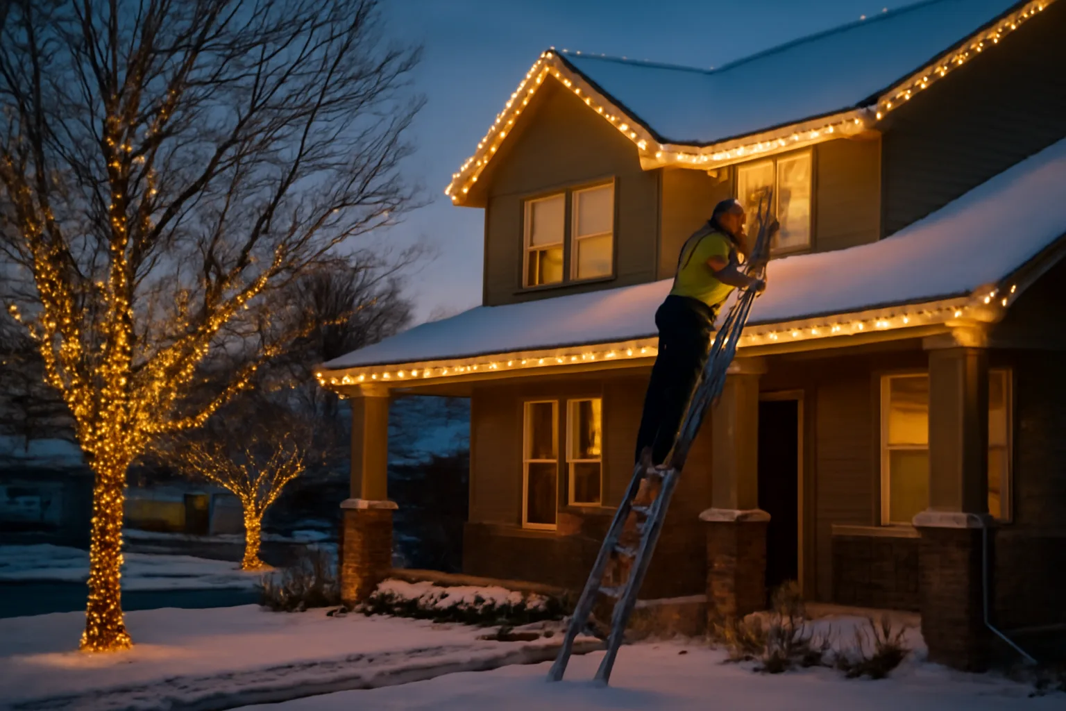 A Denver home with professionally installed Christmas lights during a snowy evening installation