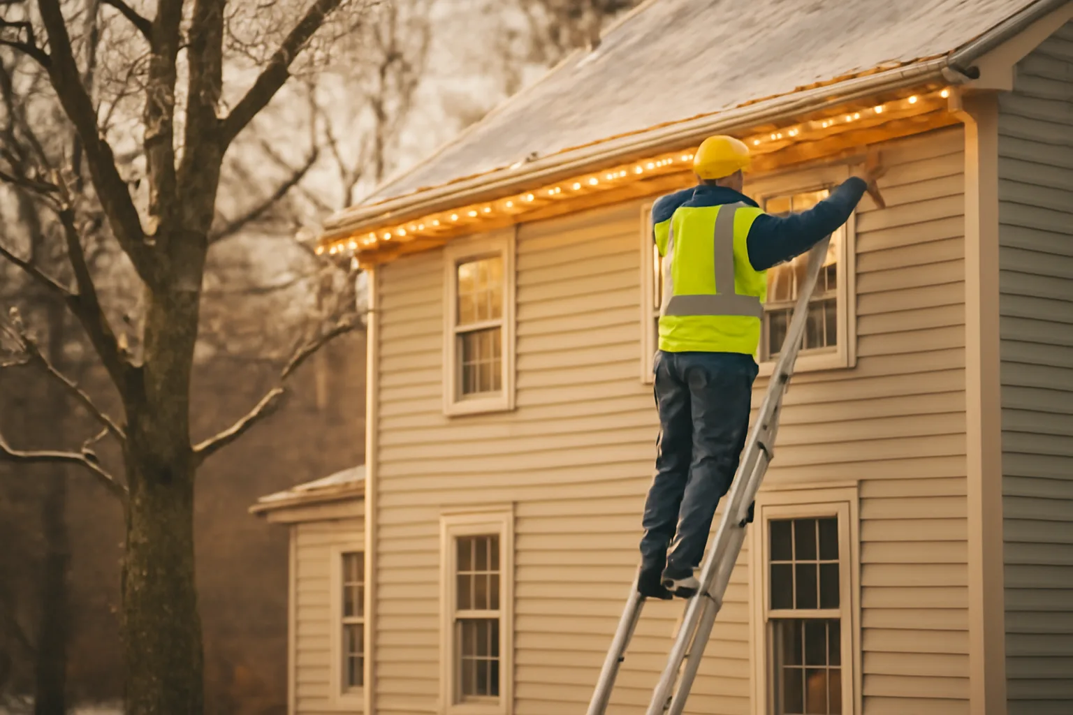 Ladder and worker installing holiday lights on a Connecticut colonial roofline